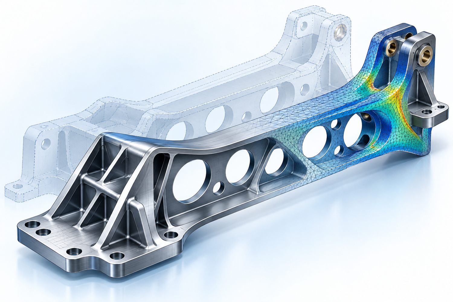 Illustrative perforated lightweight support component with local hole mesh refinement, ribs, and an alternative section outline; no client data