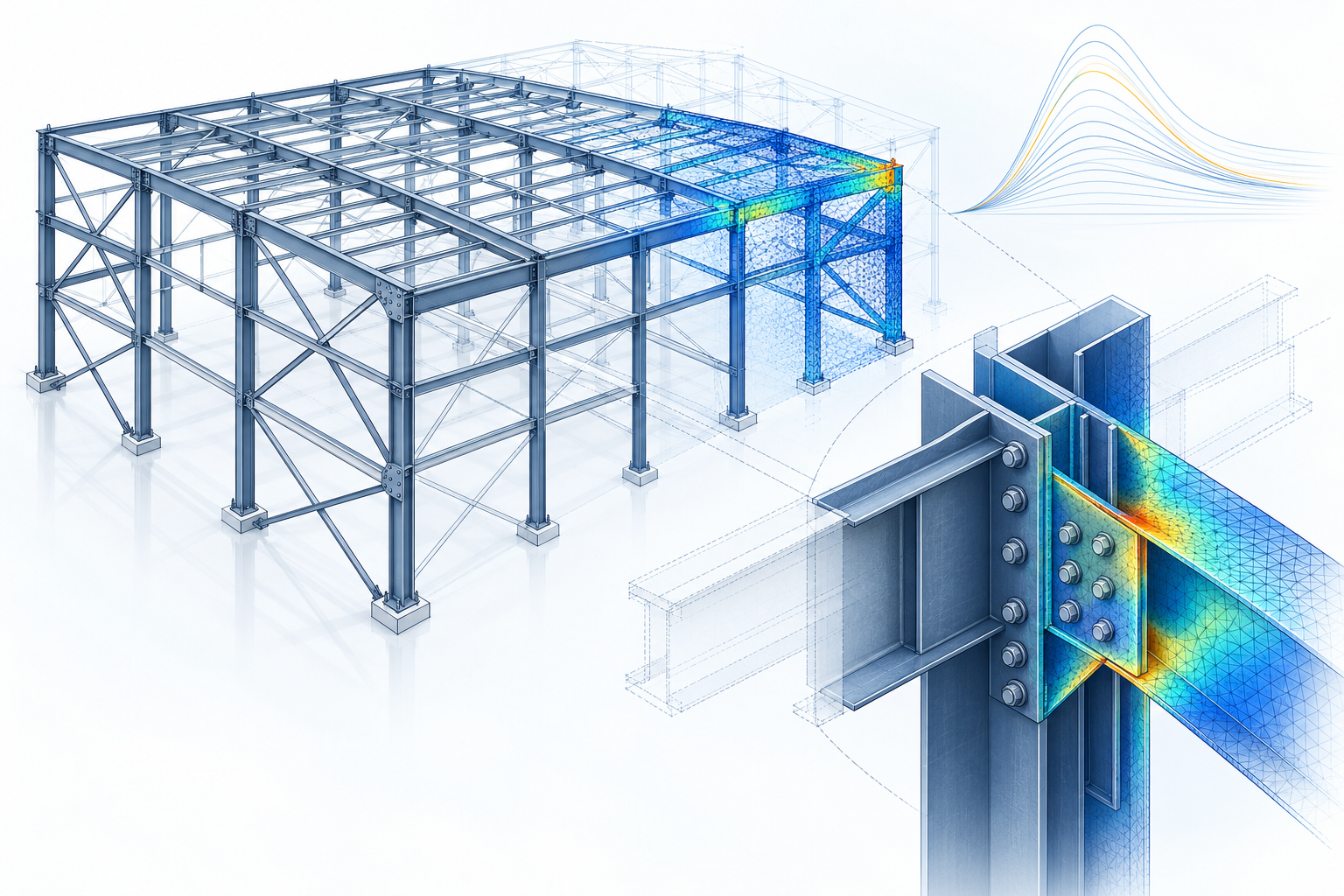 Illustrative structural system with detailed bracing, connections, finite-element response, and scenario comparison; no client data.