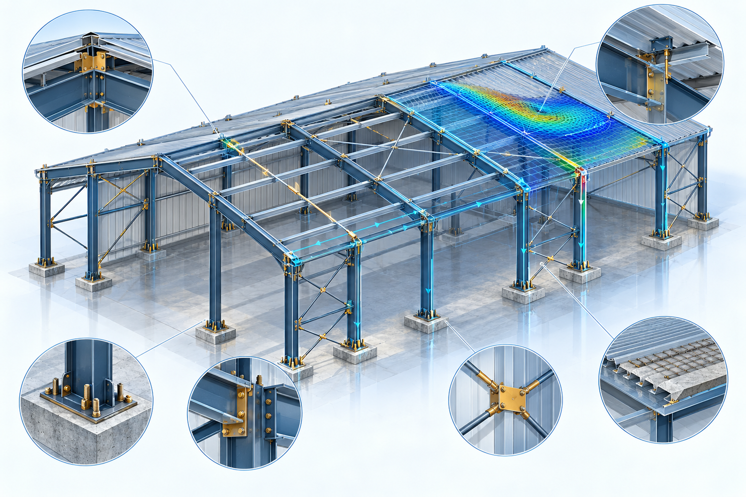 Illustrative industrial portal frame with purlins, bracing, base plates, roof panels, connection details, and local response; no client data