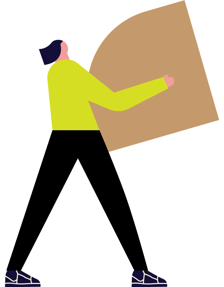 Illustration of a person with dark hair wearing a yellow shirt, holding and inspecting a large cardboard box.