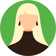 Illustration of a woman with long blonde hair, wearing black earrings and a black top, against a green circular background.