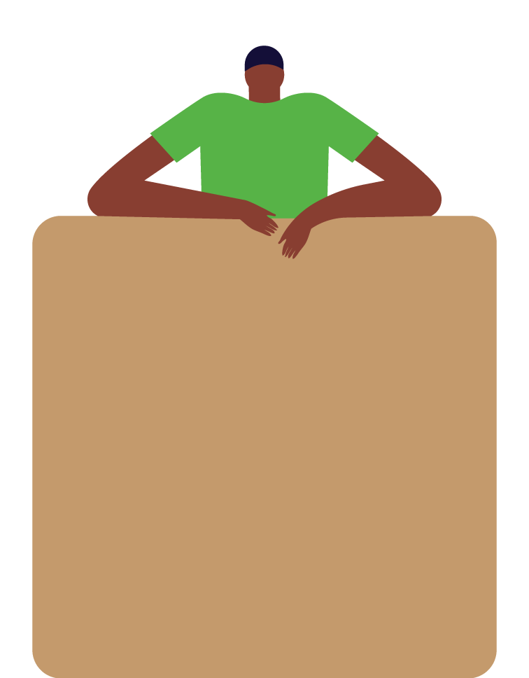 Illustration of a person with dark skin and short dark hair, wearing a green shirt, sitting behind a large brown table.