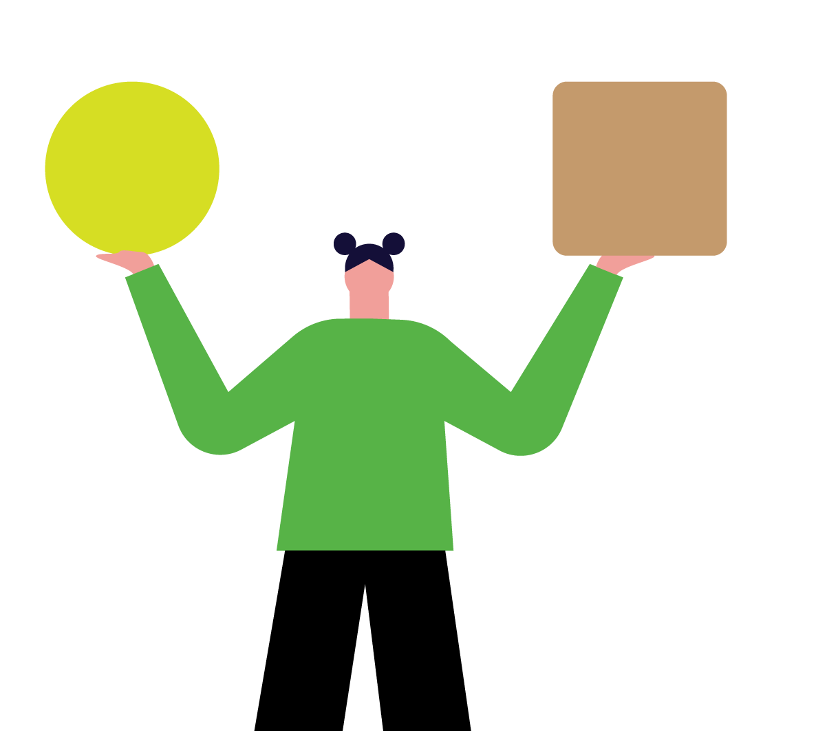 Illustration of a person with dark hair in two buns, wearing a green shirt, balancing a yellow circle in the left hand and a brown square in the right hand.