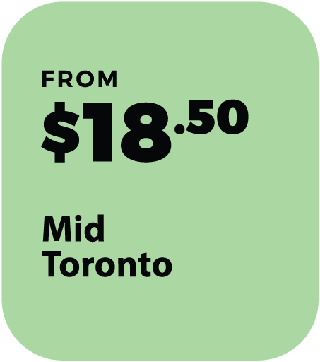 Green sign with black text and large bold dollar amount, indicating a starting price of $18.50 from Mid Toronto.