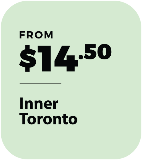 Green promotional sign displaying prices starting from $14.50, with the location Inner Toronto.