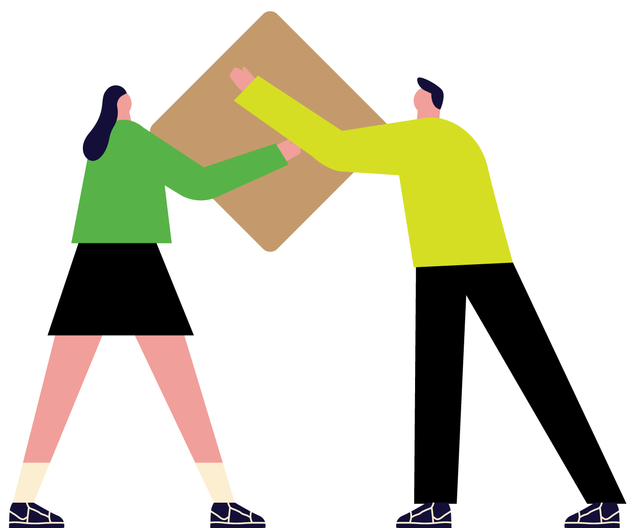 Two people exchanging a large cardboard box, one wearing a green top and pink pants, the other in a yellow top, both standing on black background.