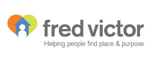 Logo for Fred Victor with a house, person, and heart icon, and the tagline 'Helping people find place & purpose'.