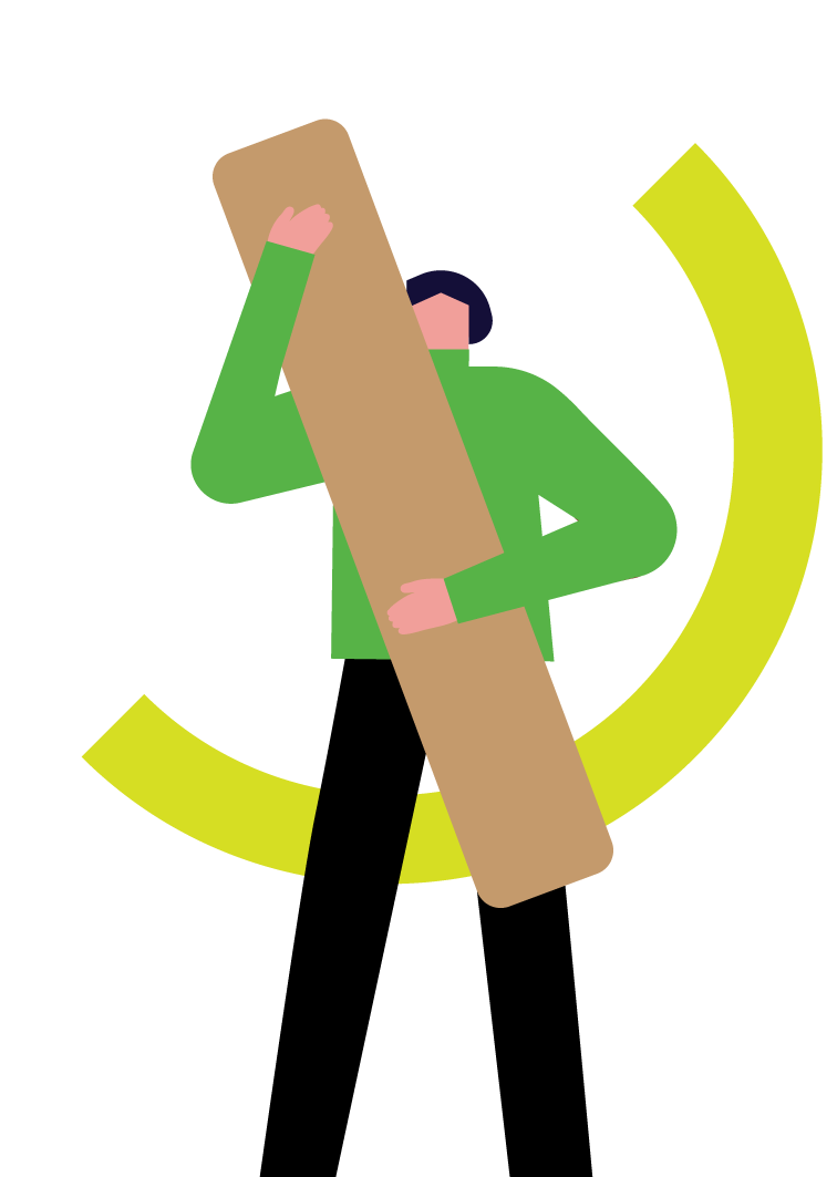 Illustration of a person with dark hair wearing a green shirt, holding a large brown plank, with a yellow circular arrow around them, symbolizing recycling or sustainability.