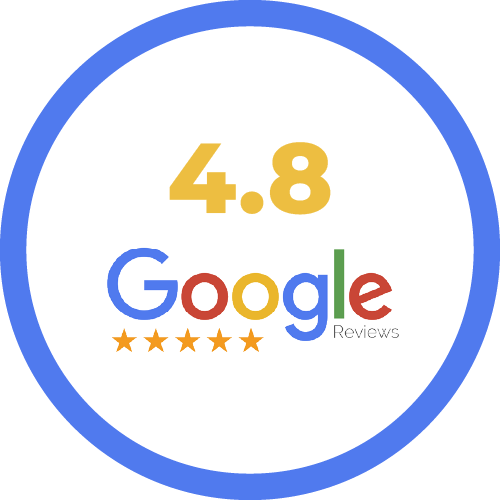Google Reviews badge with a 4.8-star rating and five orange stars underneath.