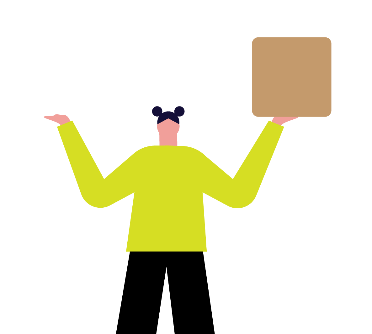 A person with dark hair in a green shirt holding a white circle in one hand and a brown box in the other.