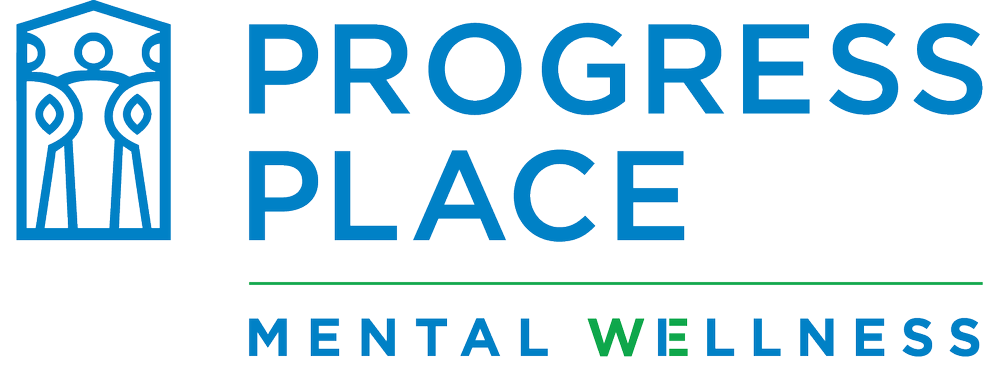 Progress Place logo with blue and green text and an abstract figure design