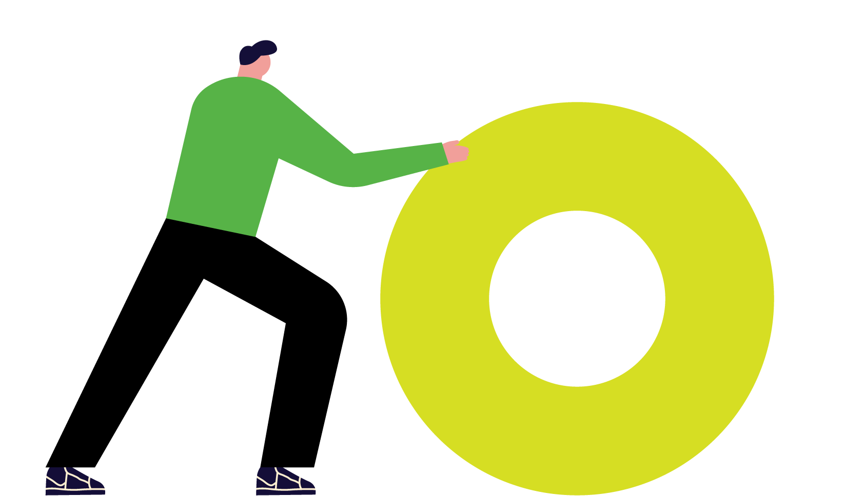 Illustration of a person in a green shirt pushing a large yellow number 0.