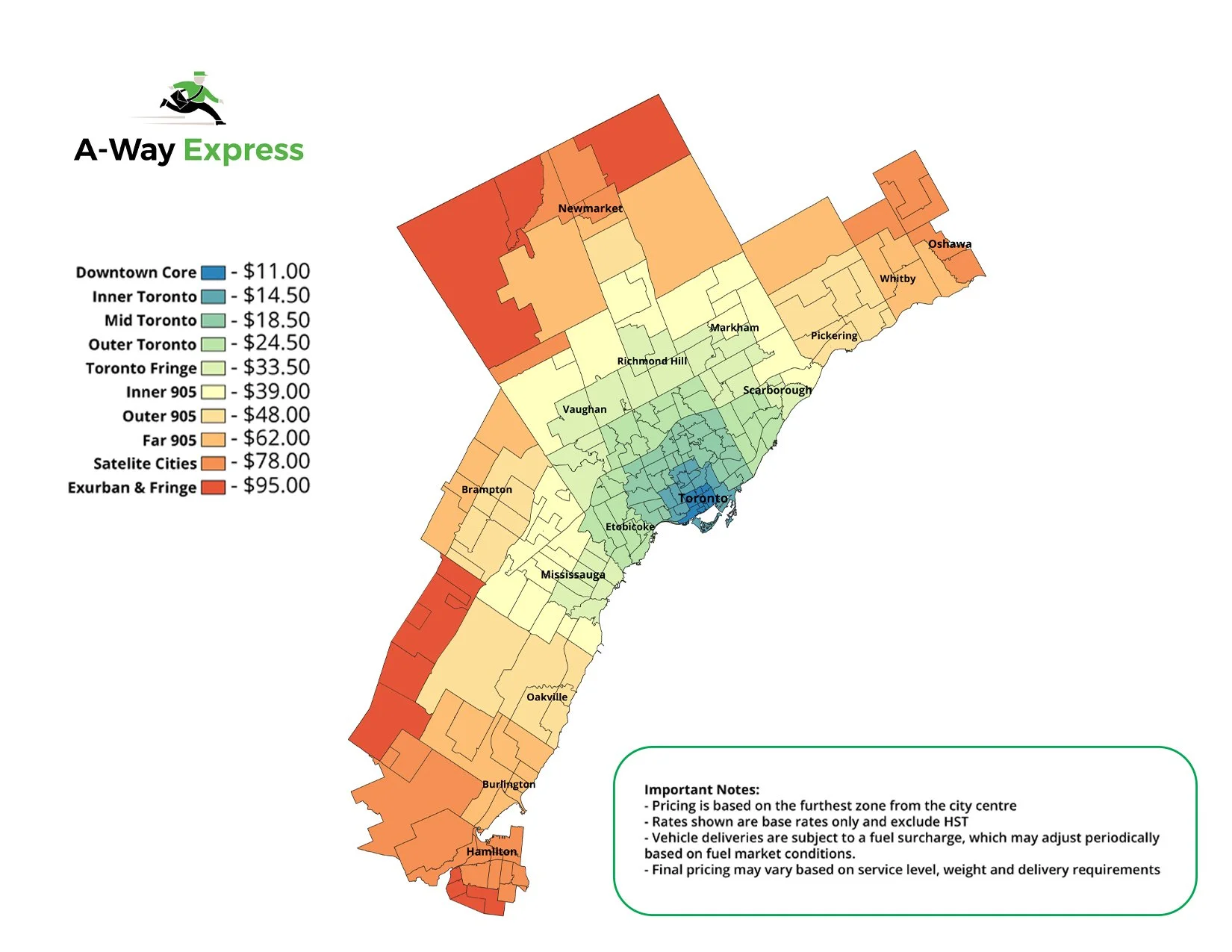 Map of Toronto and surrounding areas showing different fare zones in various shades of green, yellow, orange, and red, indicating fare prices for A-Way Express transit service.