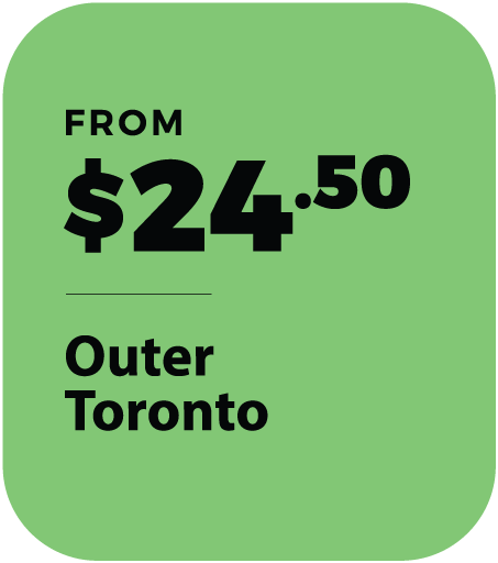 Green store sign displaying a price starting from $24.50, with the location listed as Outer Toronto.