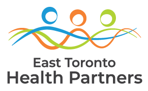 Logo of East Toronto Health Partners featuring three stylized human figures in blue, orange, and green with wavy lines beneath, and the organization name below.