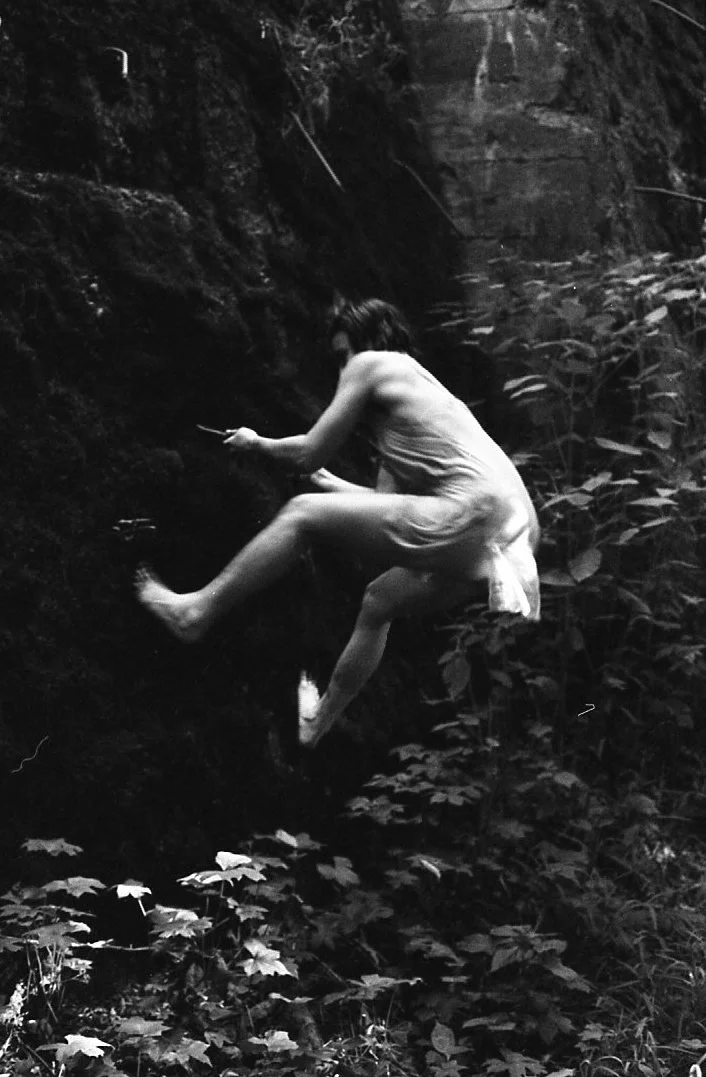 A person in a dress appears to be climbing or hanging onto a rock wall in a wooded area, with foliage at the bottom of the image.