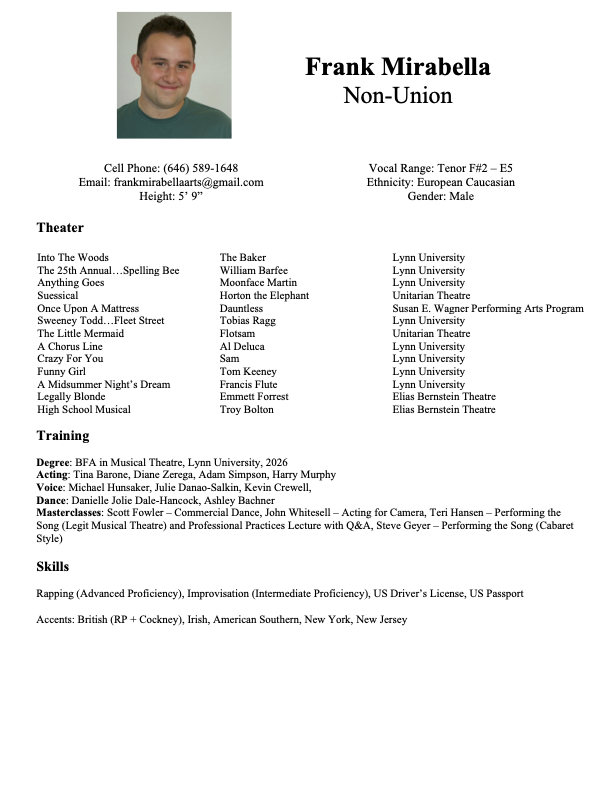 A resume for Frank Mirabella, a non-union male performer with a headshot photo. The resume includes contact details, a list of theater roles, training, and skills.