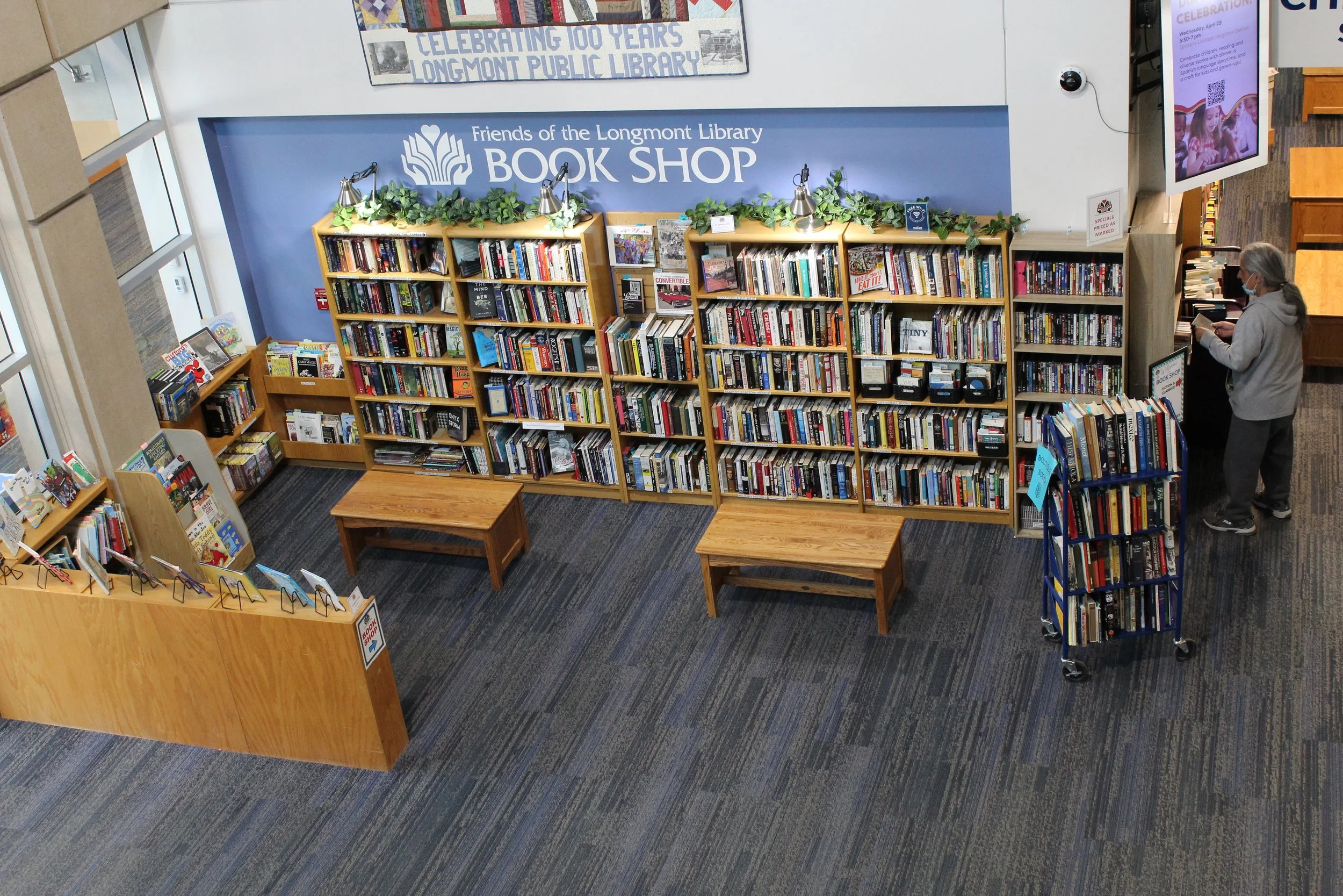 A glass display case with multiple shelves holding books, flyers, and framed documents, with some items having price tags or labels, located indoors near a window with green plants outside.