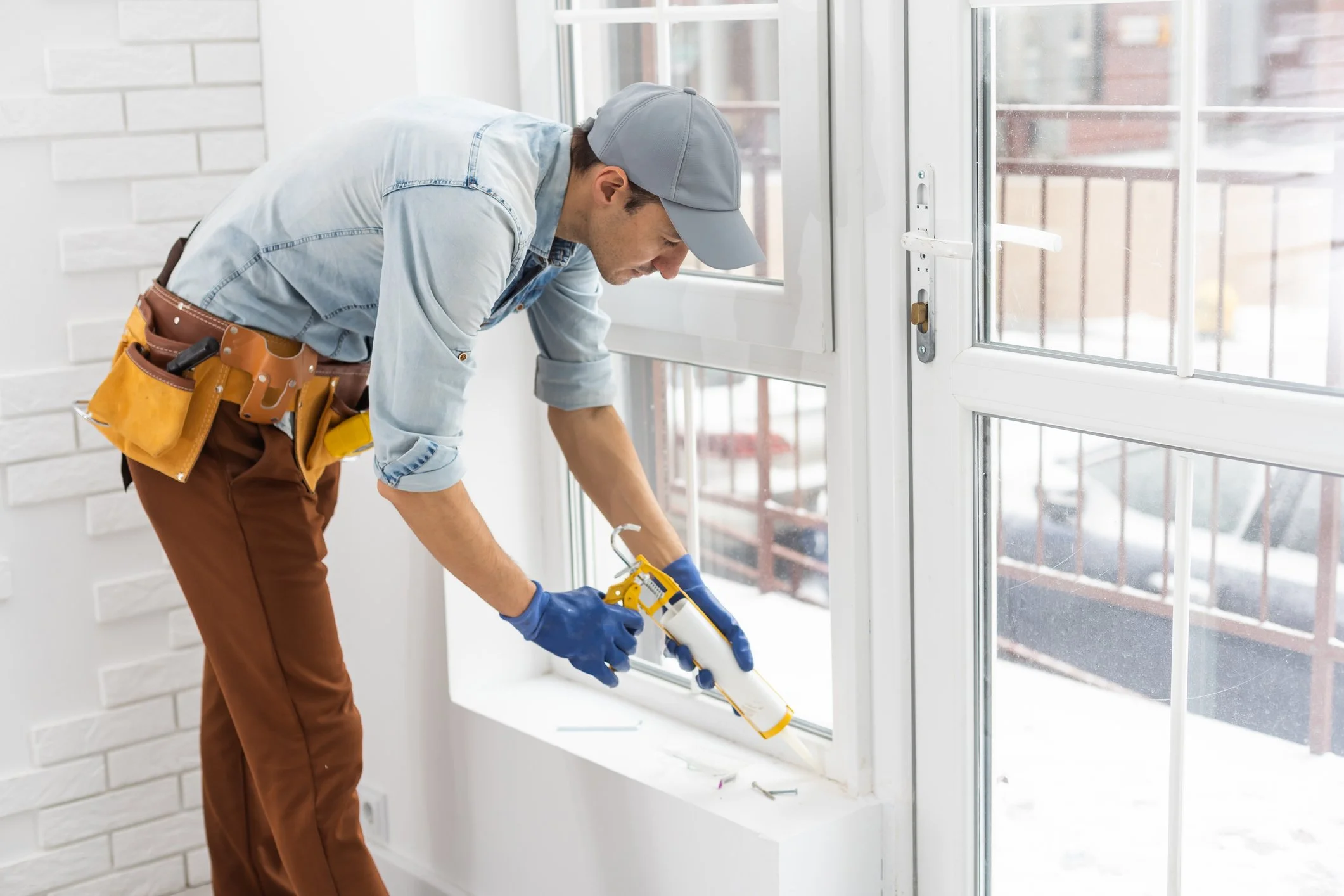 A handyman in a denim shirt, brown pants, blue gloves, and a gray cap is installing a window frame using a caulking gun inside a bright room with white walls and a white brick accent wall.