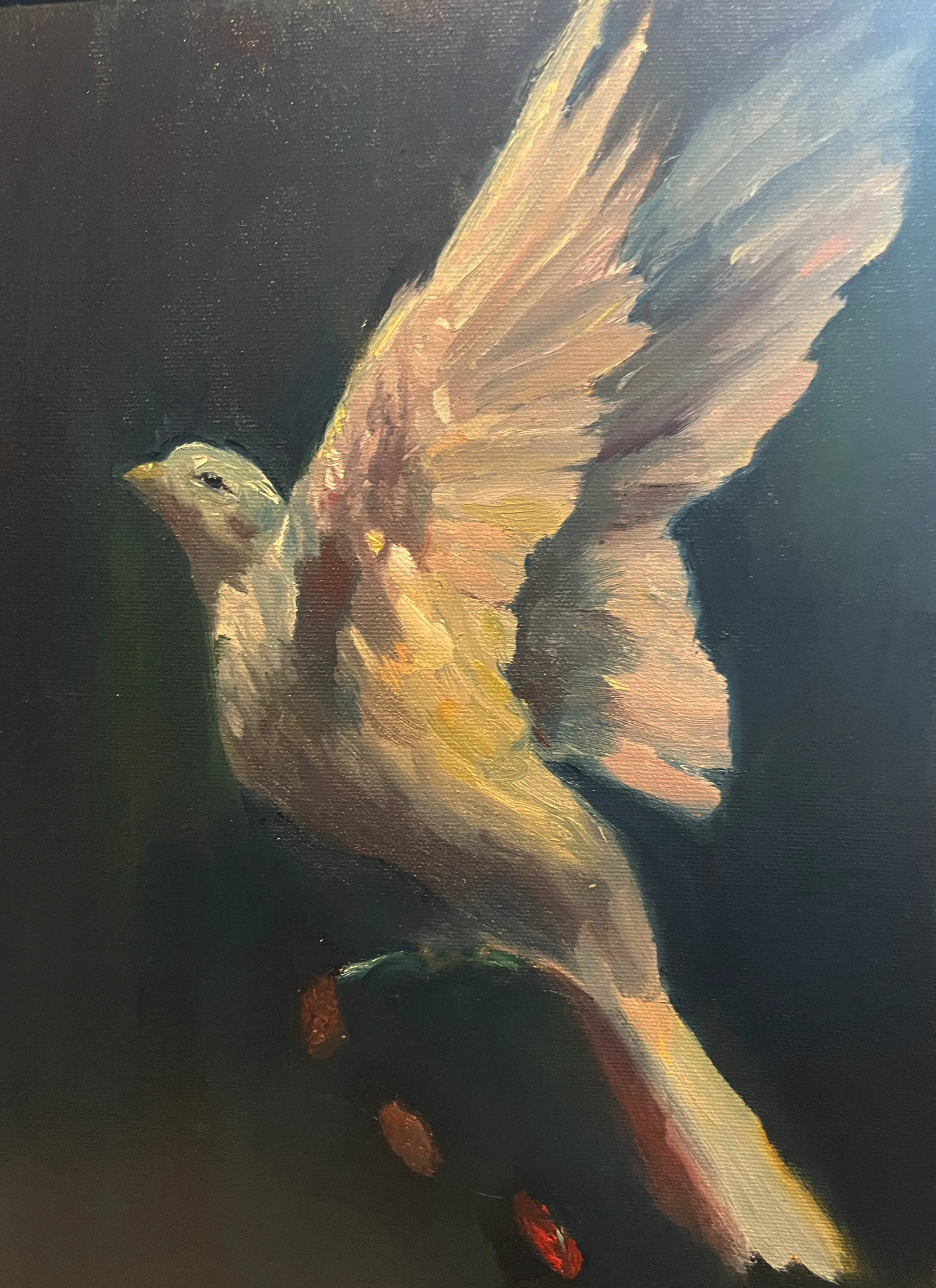 Painting of a bird with outstretched wings against a dark background.