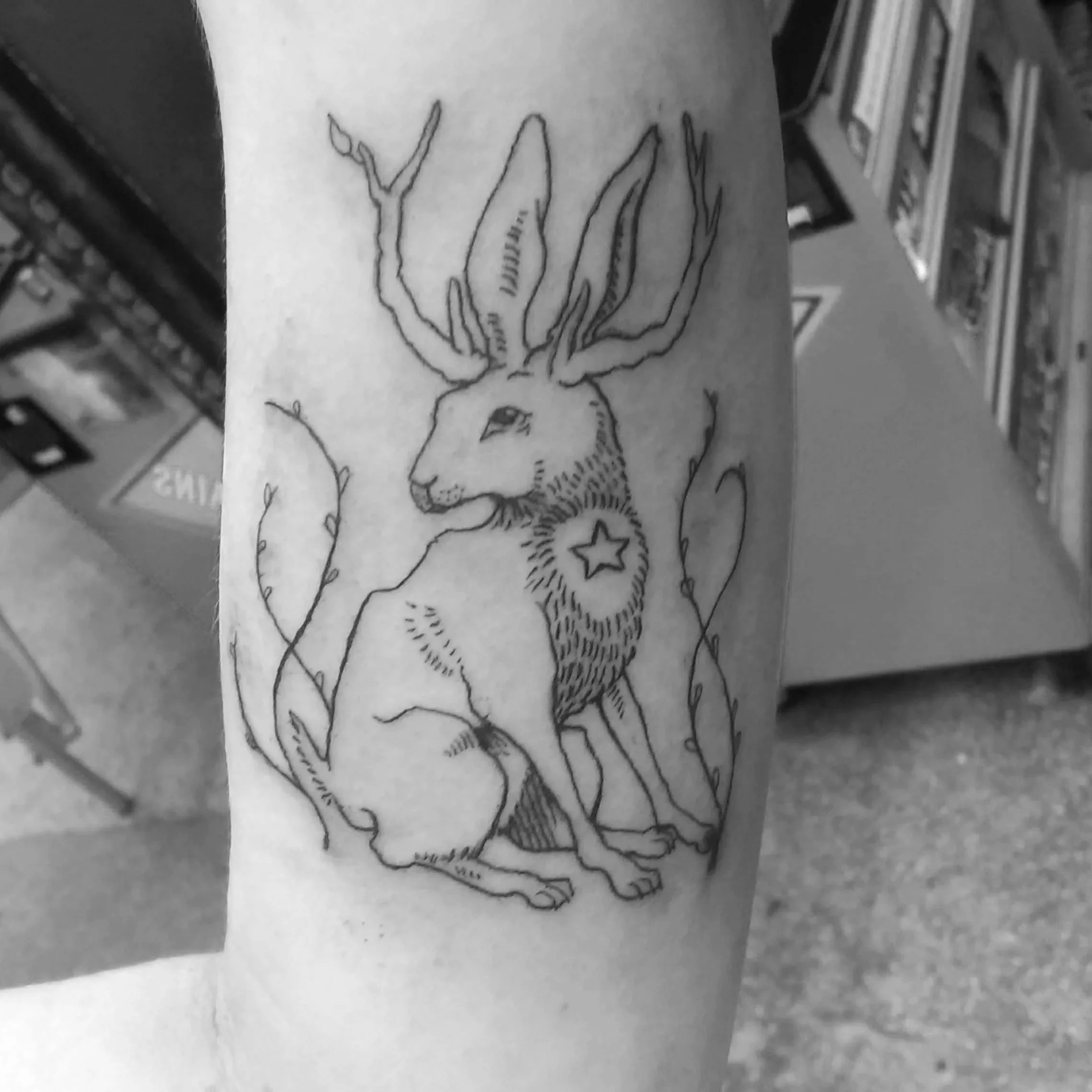 Black and white tattoo of a mythical creature with the body of a dog, antlers, and a star symbol on its chest, surrounded by branches.