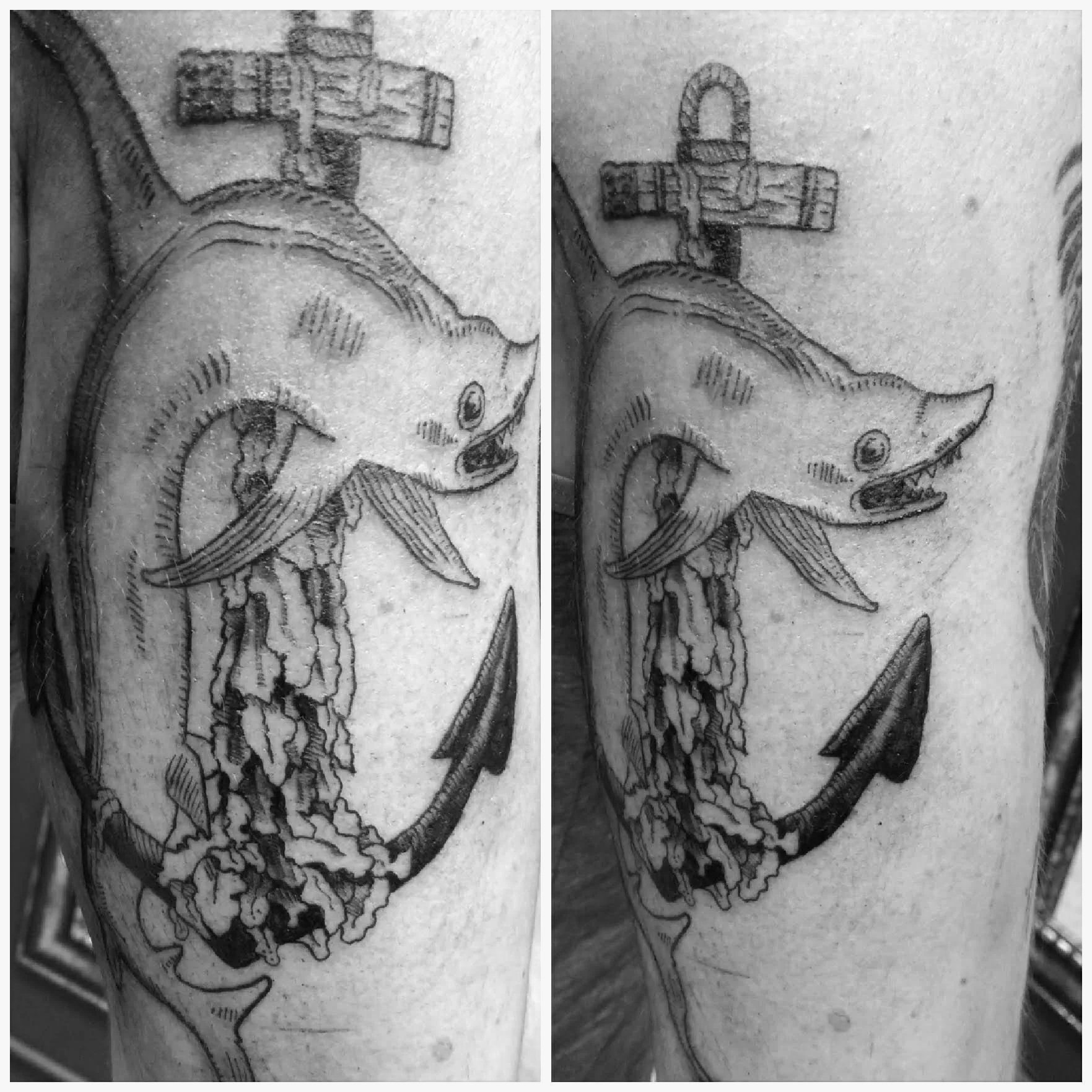 Tattoo of a fish with a cross on top of it, combining aquatic and religious symbols.