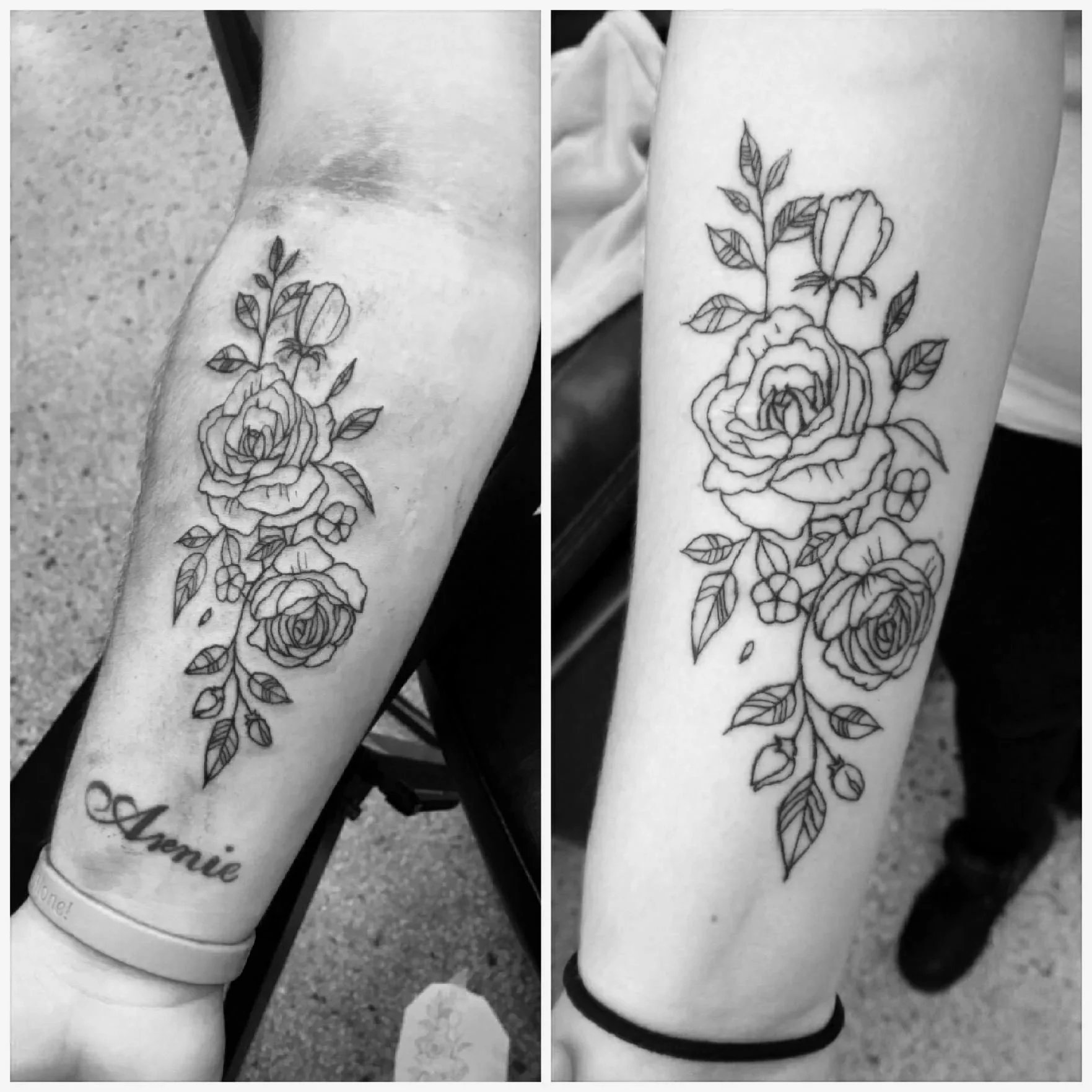 Close-up of a person's forearm tattoo featuring a floral design with roses, leaves, and small flowers, and the name 'Annie' at the bottom.