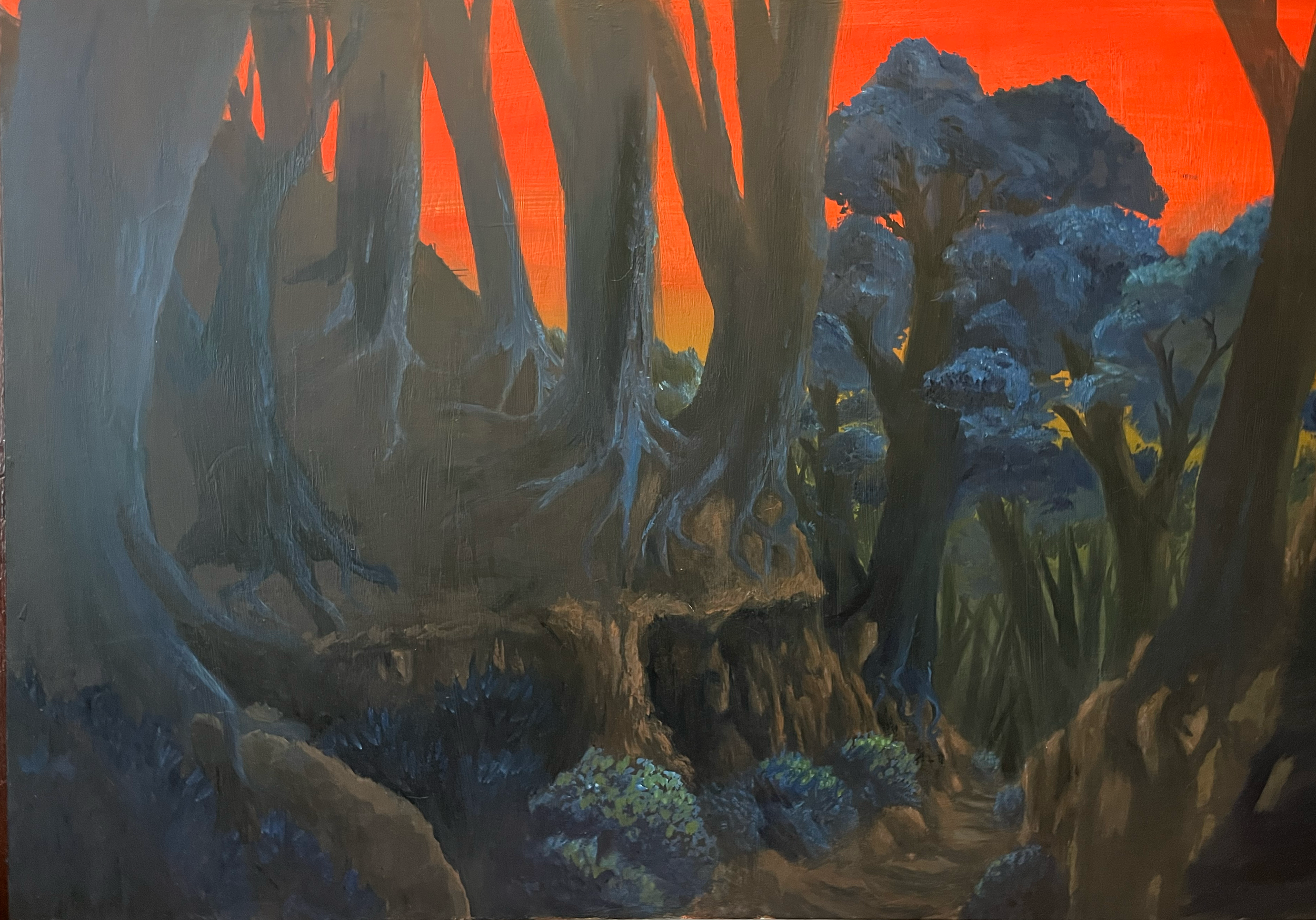 A dark forest scene with tall, twisted trees and dense foliage, illuminated by a reddish-orange sky in the background.