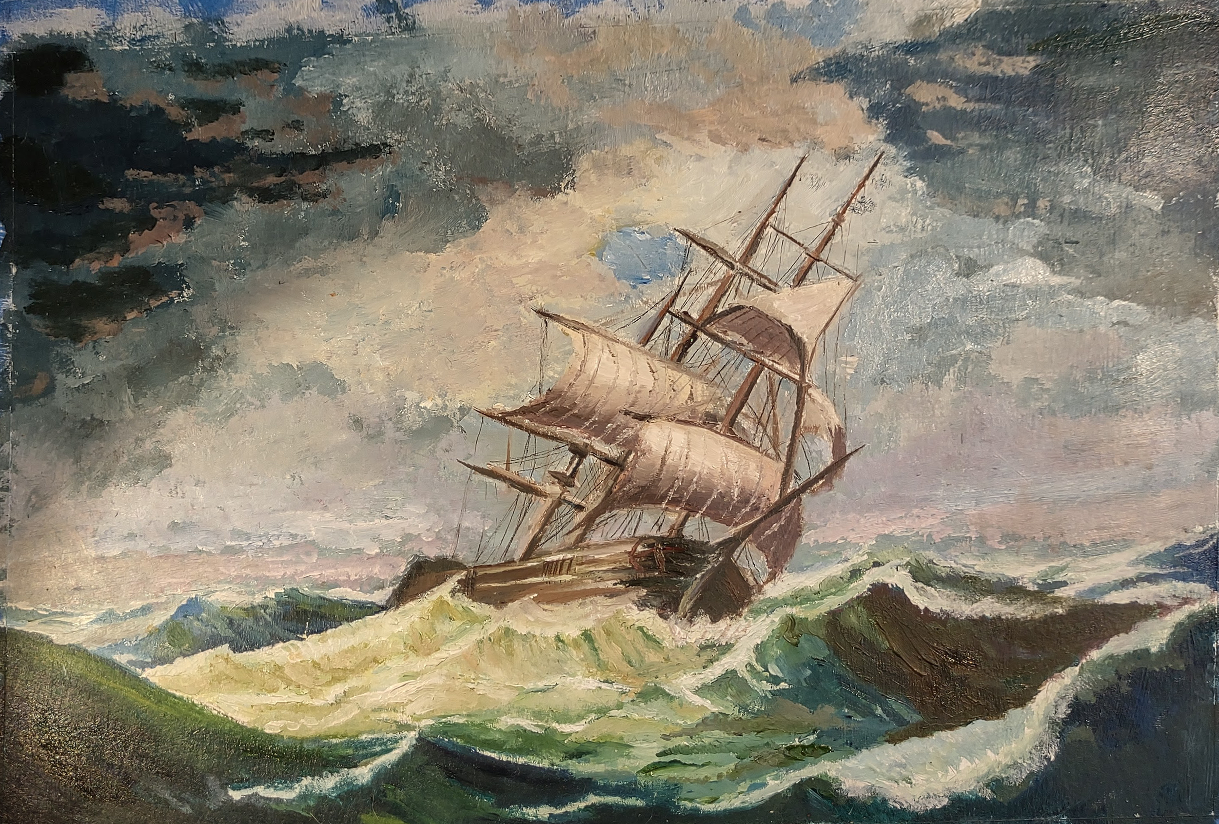 A painting of a large sailing ship caught in rough, stormy seas with dark clouds overhead.