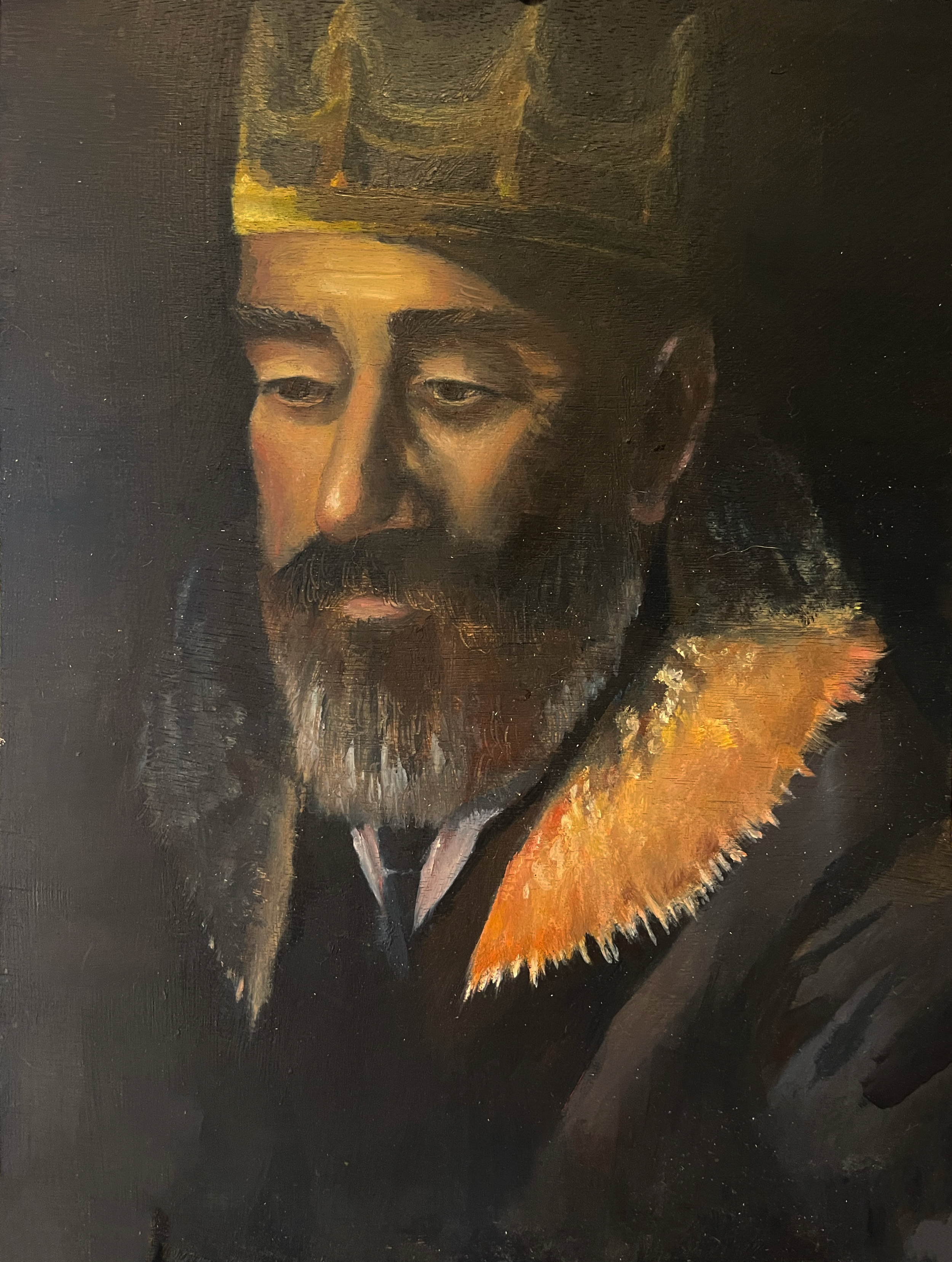 A portrait painting of a man with a gray beard, wearing a dark hat and a black coat with a fur collar.