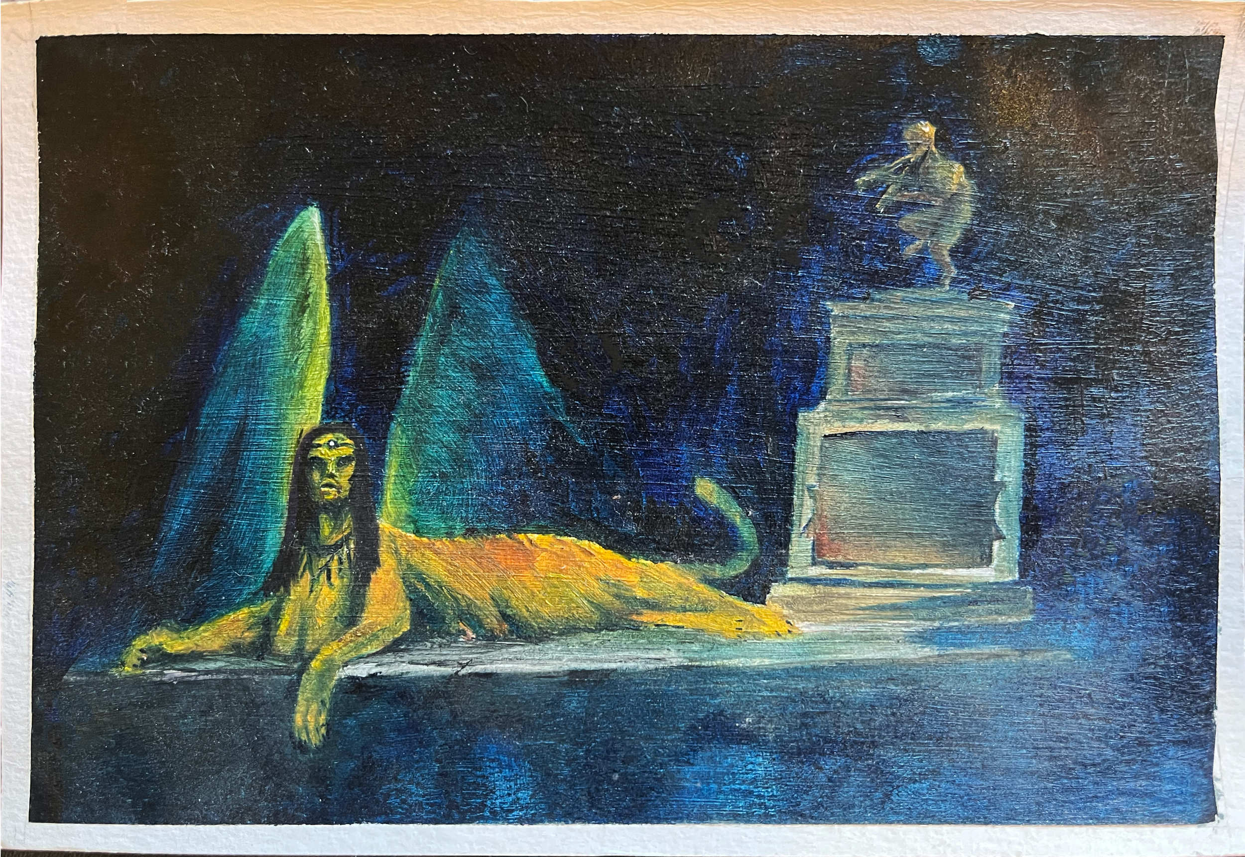 A dark, impressionistic painting of a sphinx lying next to a tall, colorful mountain with blue, green, and yellow hues, and a gray monument with a small statue on top on the right side.
