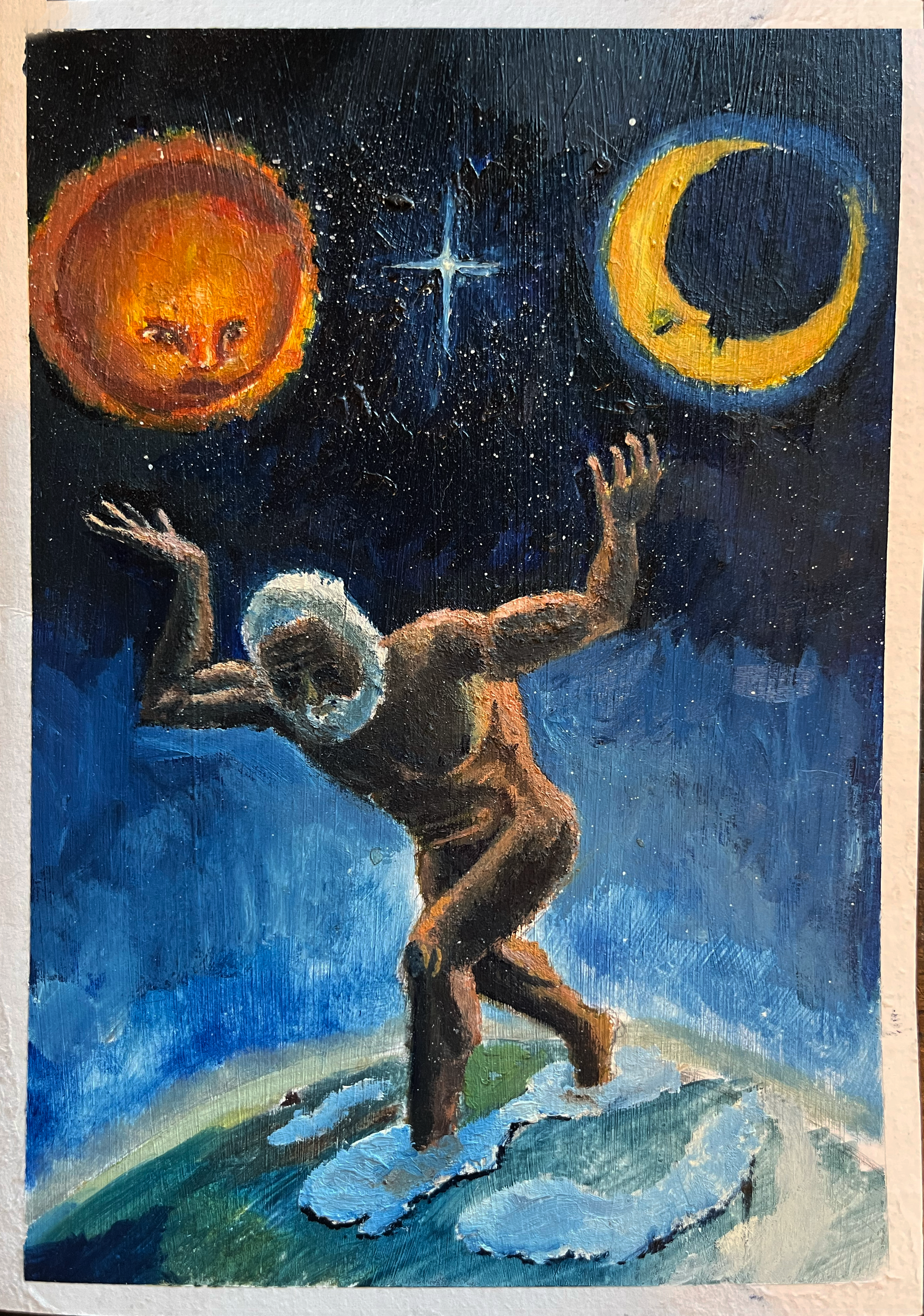 Painting of a human figure balancing on a globe, with the sun and moon as planets and a star in the night sky above.