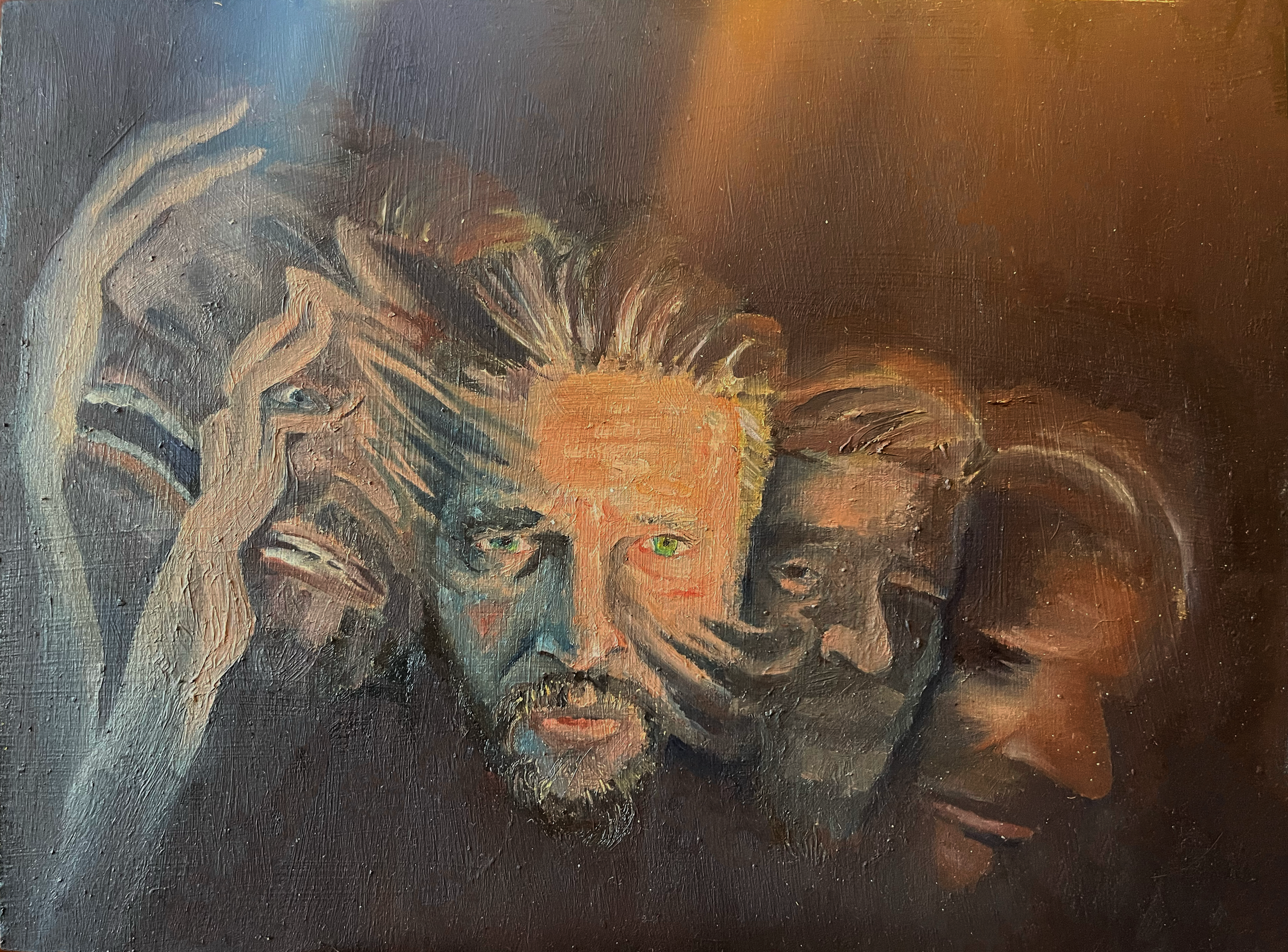 An oil painting of three men's faces close together. The man on the left has a hand touching his head, a beard, and intense eyes. The middle man has blonde hair and green eyes. The man on the right has dark skin, glasses, and a broad smile. The backg
