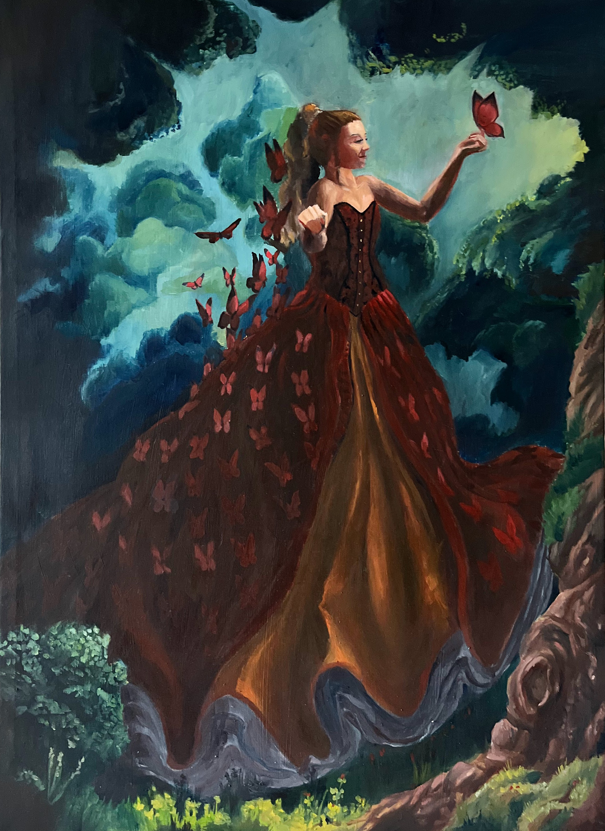 Painting of a woman in a dress with butterflies, standing in a forest with clouds in the sky.