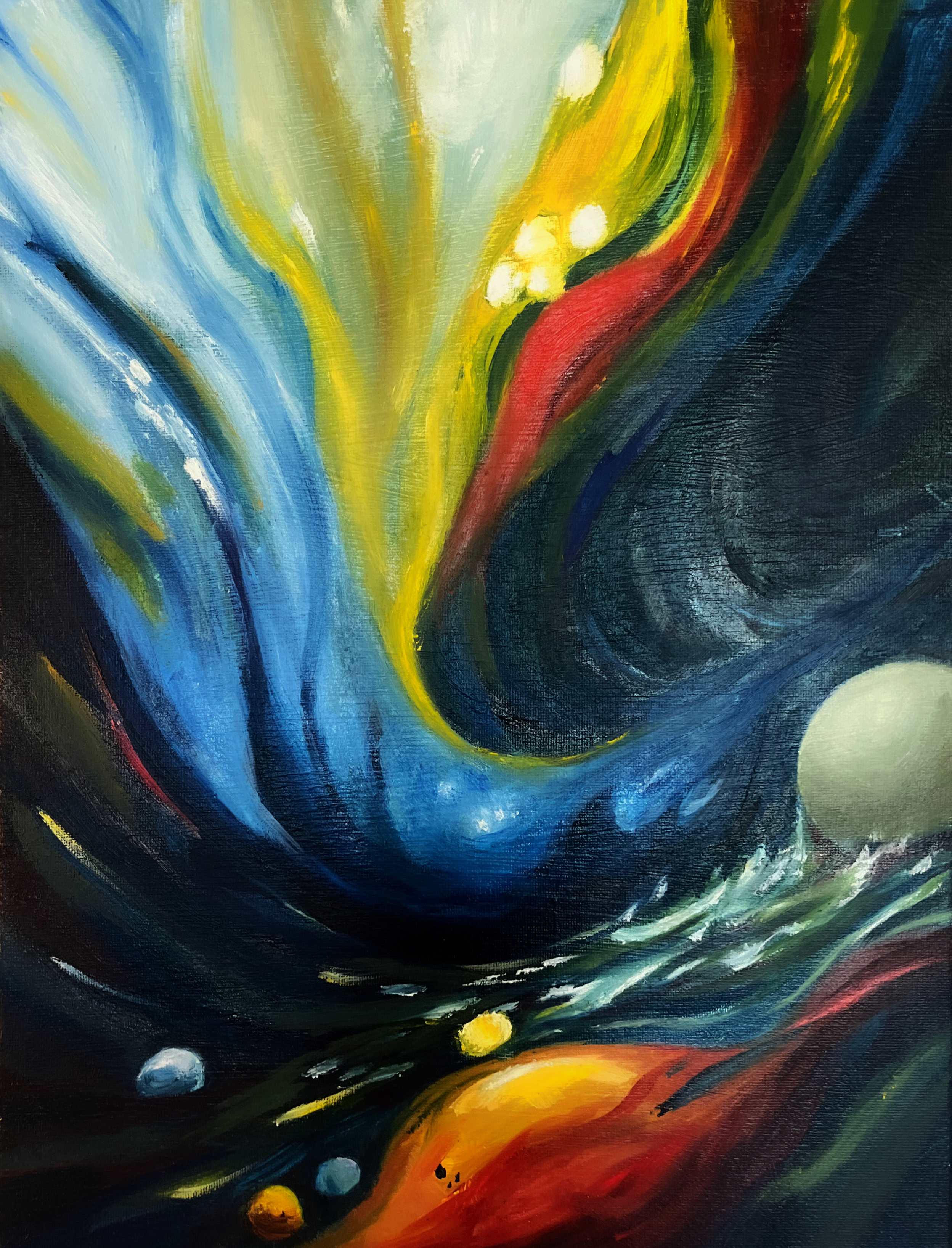 Abstract colorful painting of swirling shapes and colors, representing cosmic or underwater scene with planets and stars