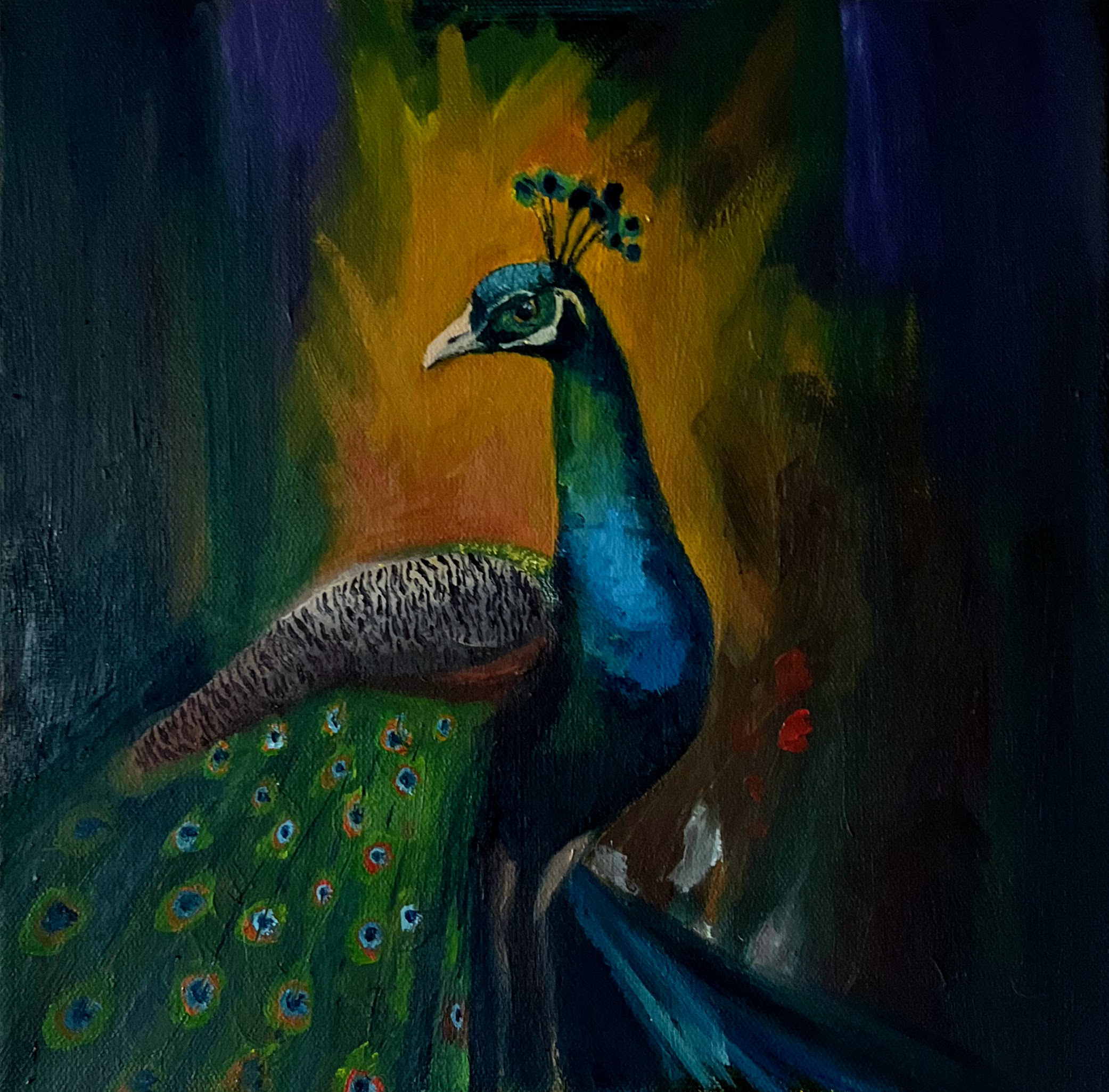 A colorful painting of a peacock with a vibrant tail featuring eye-like patterns, set against a dark, abstract background with warm and cool tones.