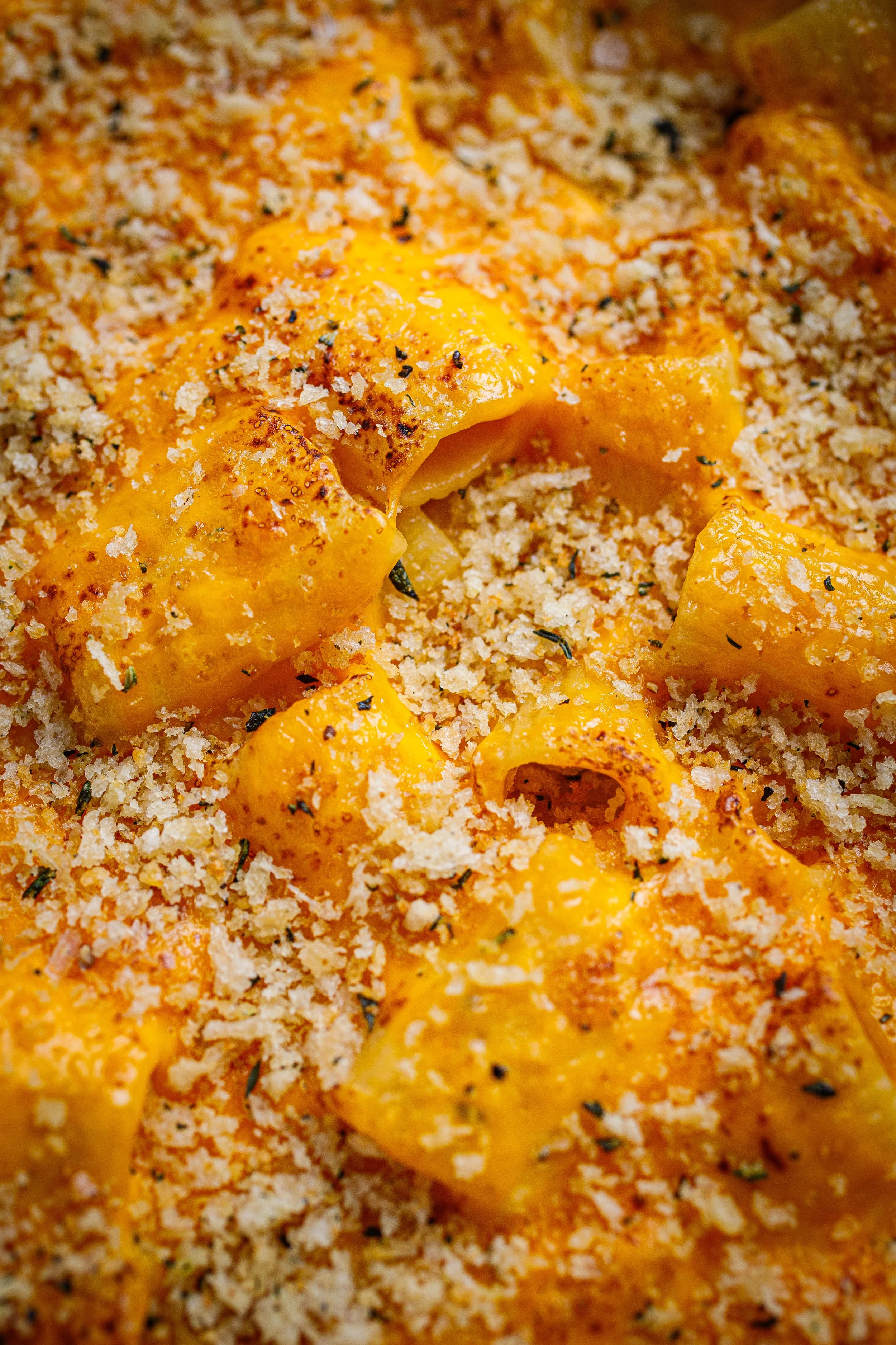 Close-up of a baked dish with pasta, melted cheese, bread crumbs, and herbs.