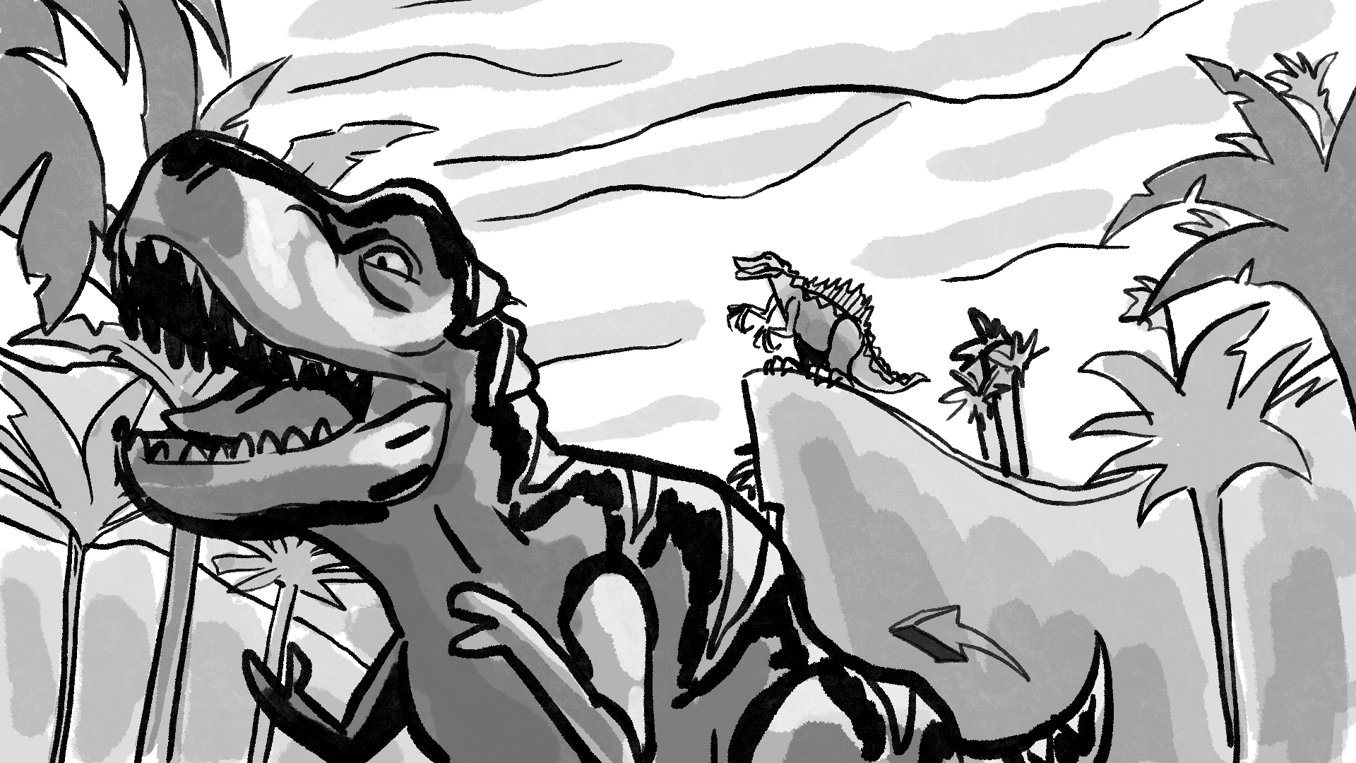 Black and white illustration of a Tyrannosaurus rex with its mouth open, surrounded by tall plants, with a smaller dinosaur on a hill in the background.