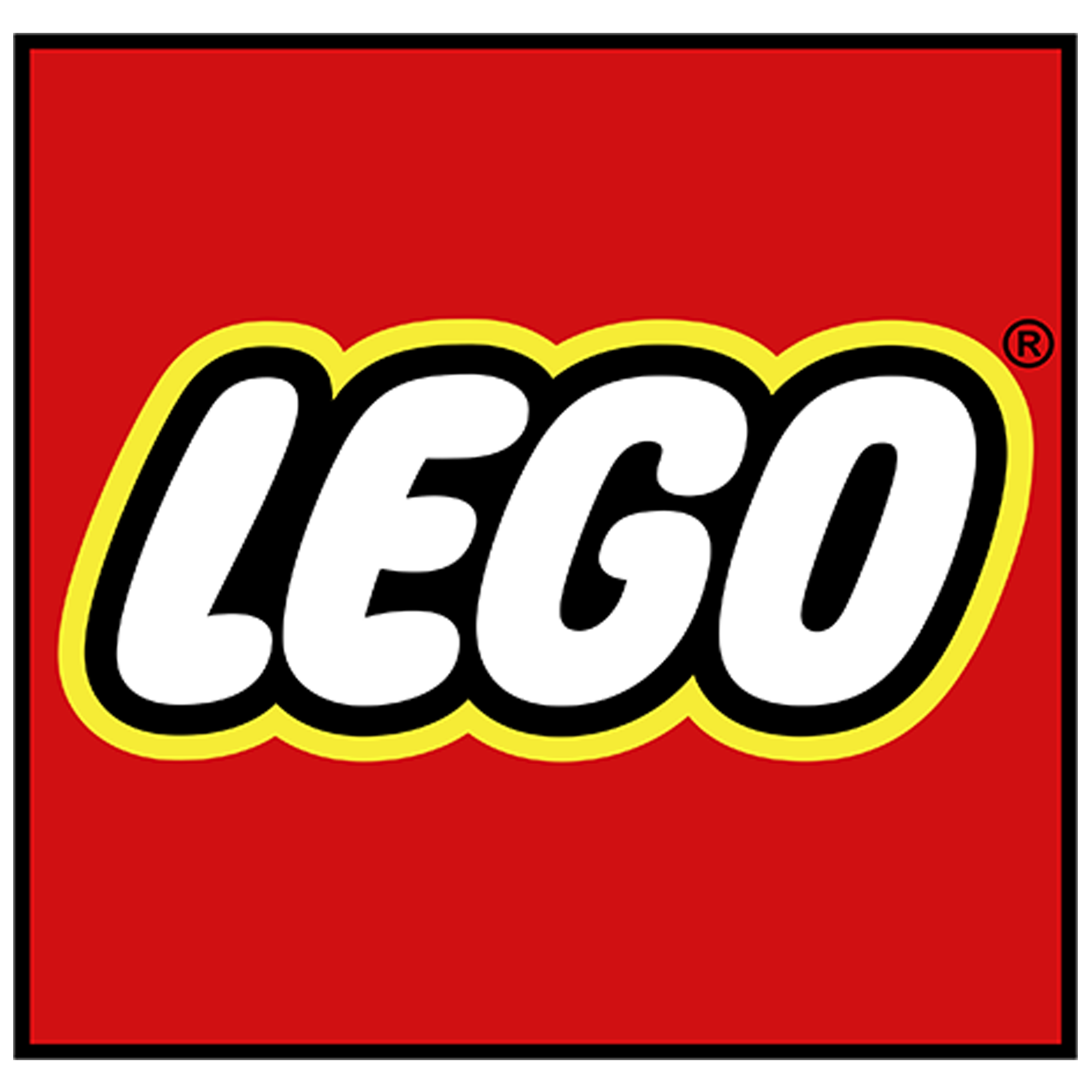 LEGO logo in black and white with a yellow outline on a red background.