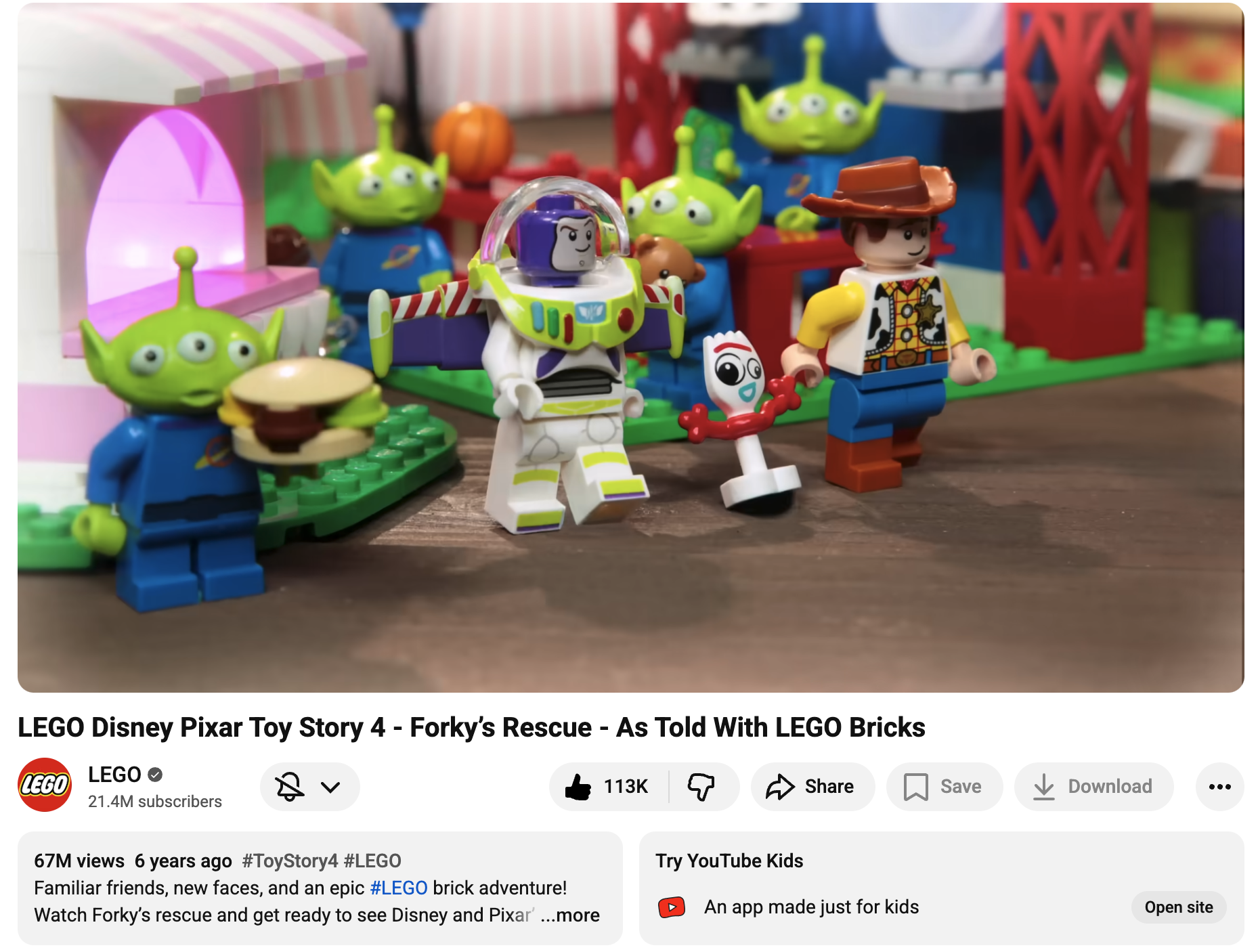 LEGO Disney Pixar Toy Story 4 scene with LEGO figurines including Buzz Lightyear, Woody, Forky, and green aliens, set against a colorful LEGO themed background.