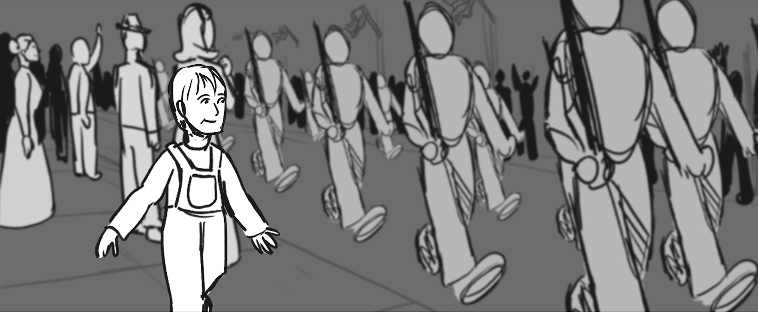 A child walking next to a military parade in a small late 1930s American town. The scene is in black and white, with cartoon-style drawing.