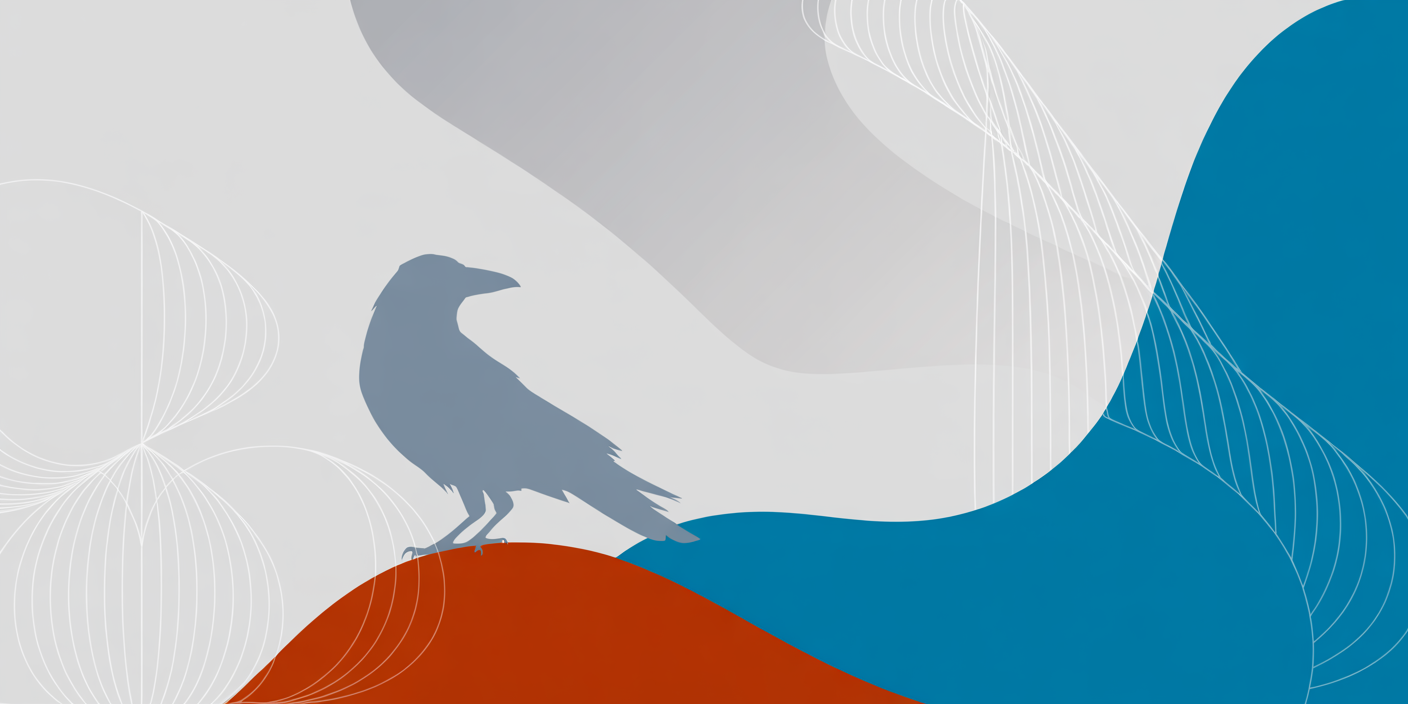 Silhouette of a black bird, possibly a crow or raven, perched on an orange rounded hill against a stylized background with blue and gray abstract shapes and white line patterns.
