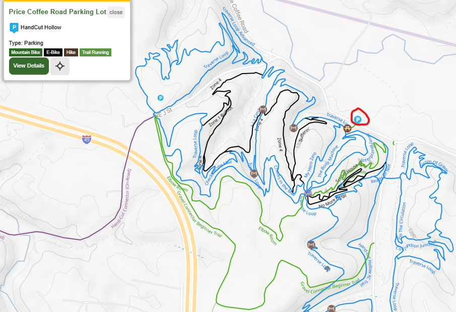 A trailmap of Handcut Hollow with the Parking Lot on Coffee Road circled in red