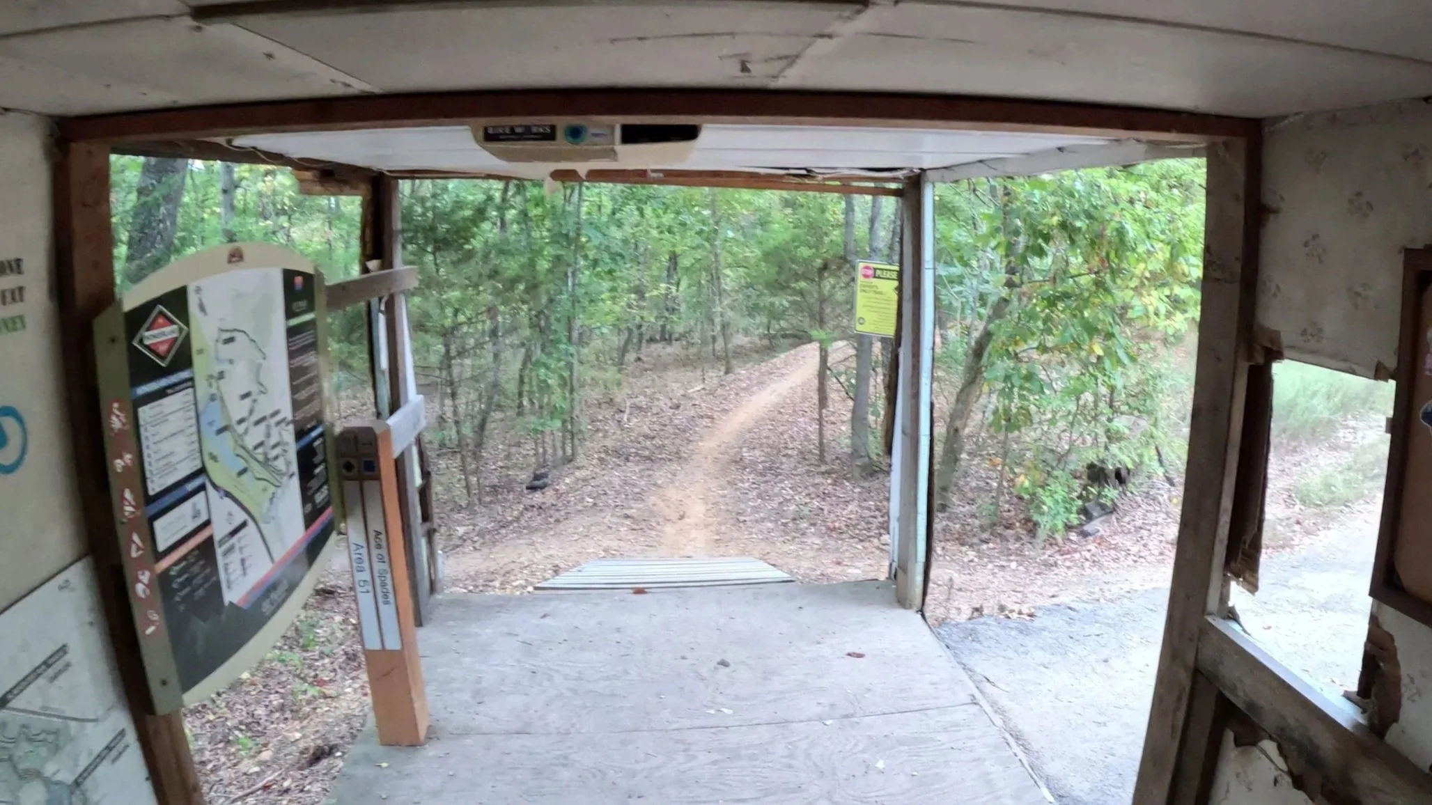an image with a view out the back of Eddie's RV with a view of Area 51 trail