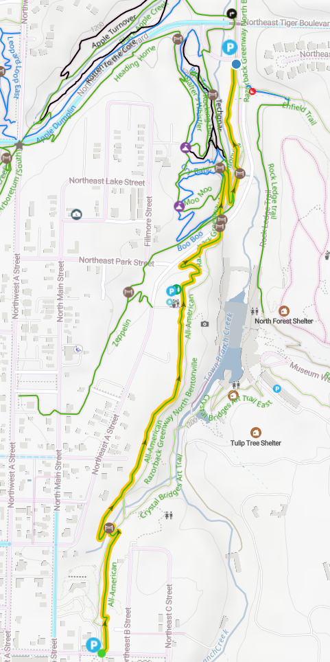 A map of the All American trail from the Trailhead near downtown bentonville through Compton Gardens to the Masterpiece Trail