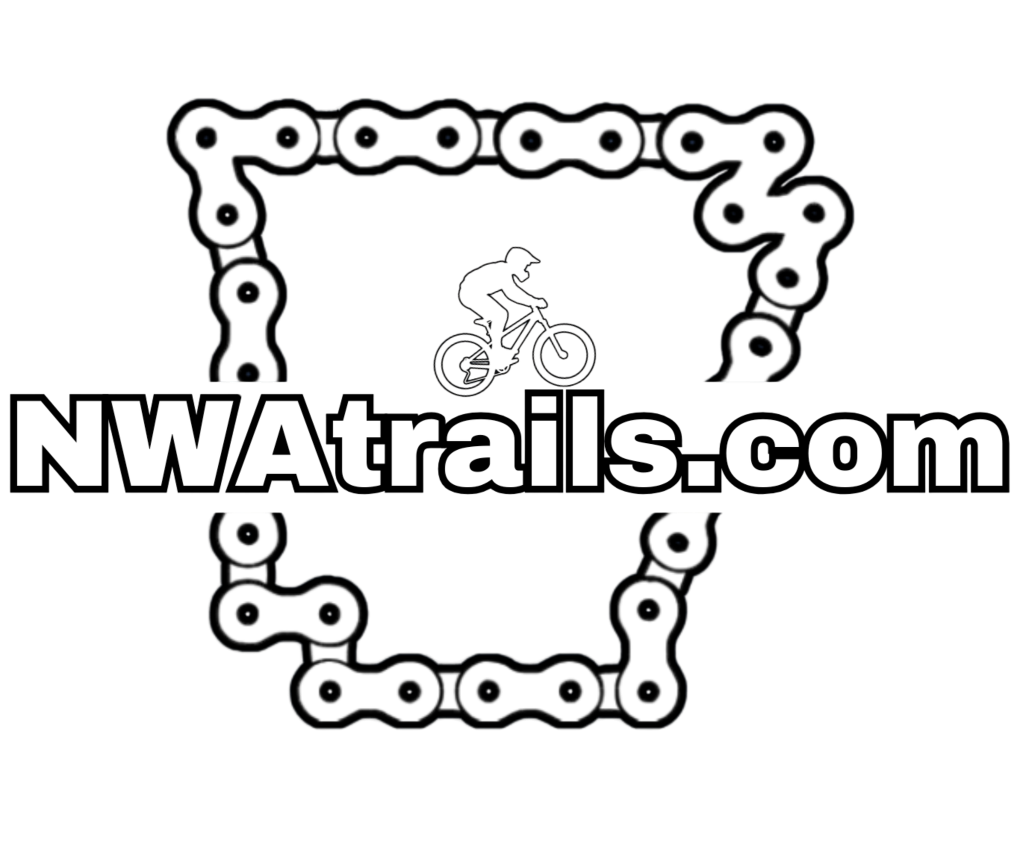 NWA Trails Logo featuring the outline of the State of Arkansas made of bike chain links and the website address NWA Trails.com