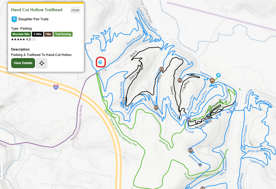 A trailmap showing all the trails and parking at Handcut Hollow. The J Street Parking Lot is Highlighted with a red circle