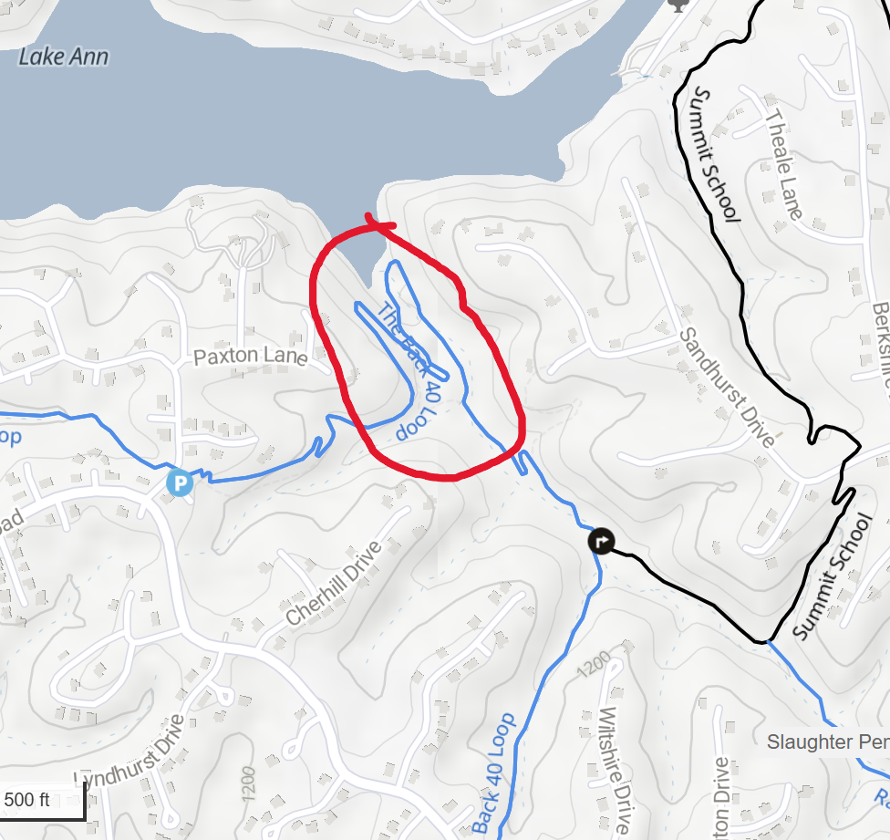 Map showing a trail around a pond or small lake near Lake Ann, with different colored routes marked for hiking or walking, including a loop in red, a trail in blue, and a black route along Summit School and surrounding roads.
