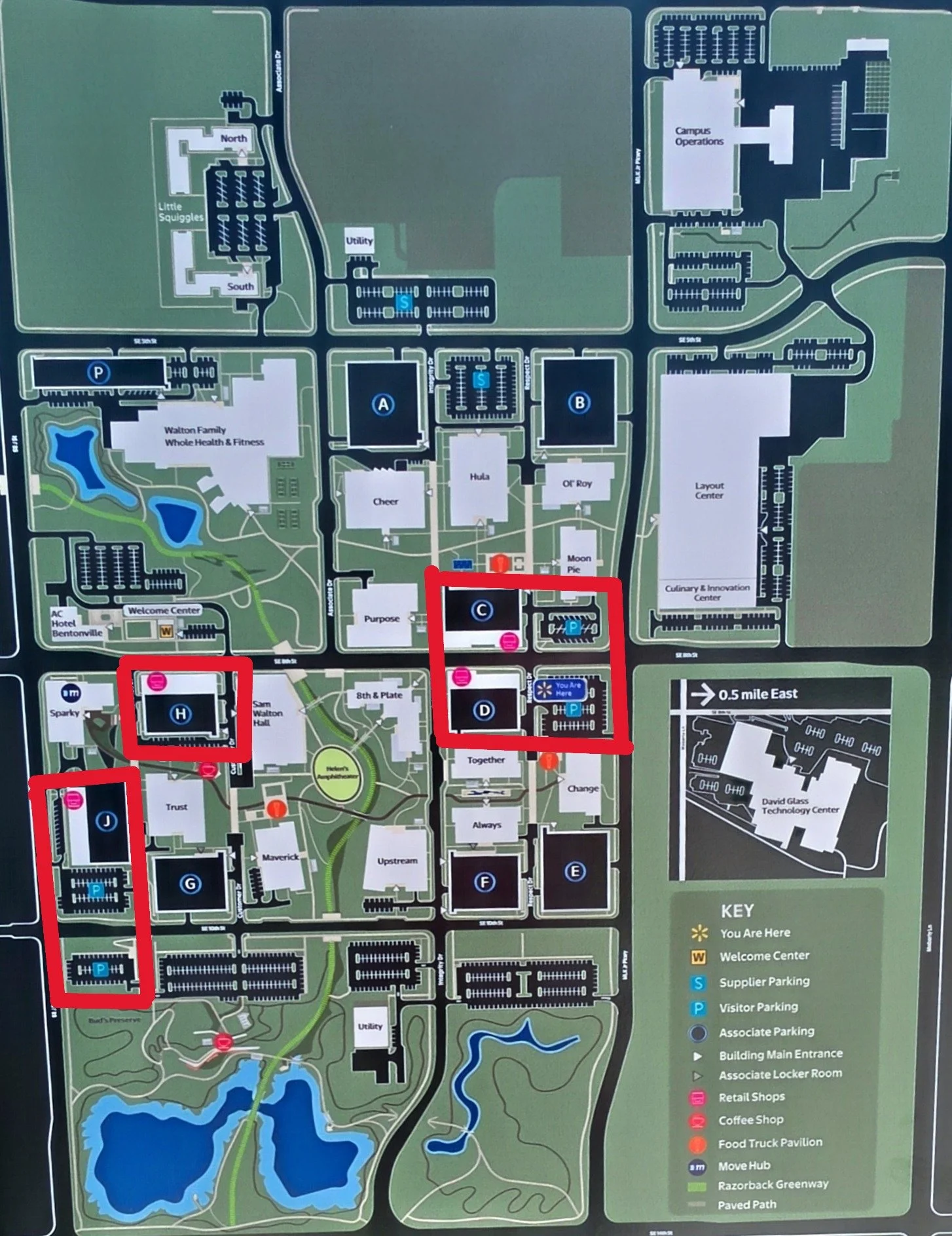 A Picture of the Walmart Home Office Campus Parking. The public parking options are highlighted in Red