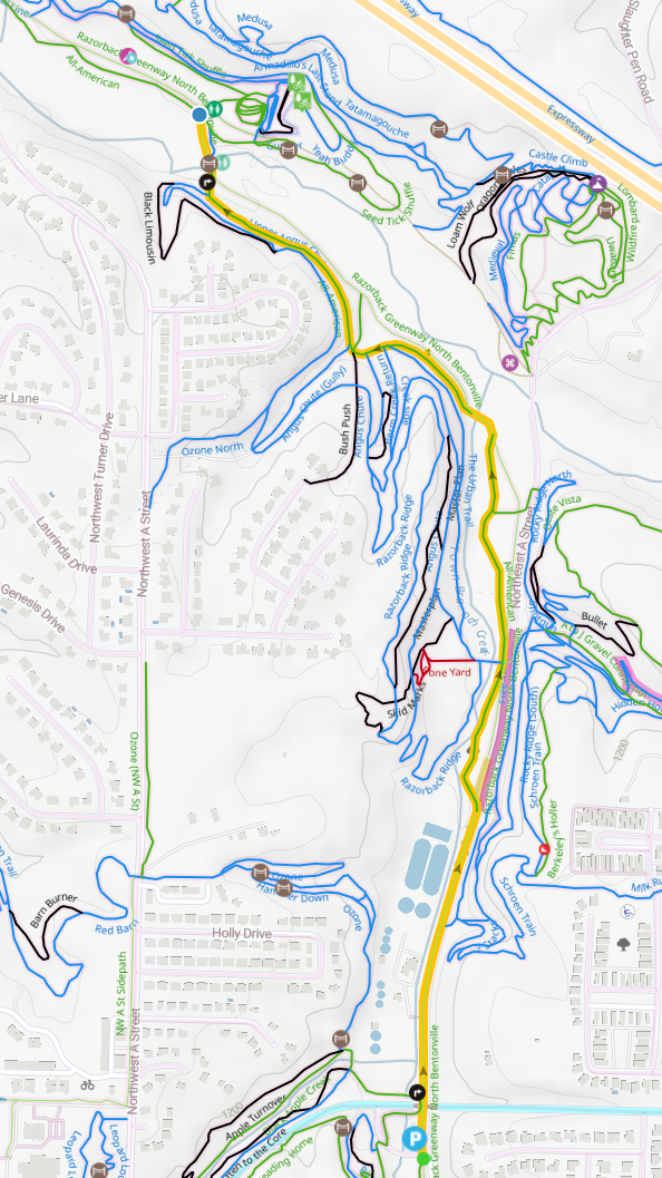 A map of the All American Trail from The Masterpiece Trail to the Skills Park in Slaughter Pen in Bentonville Arkansas